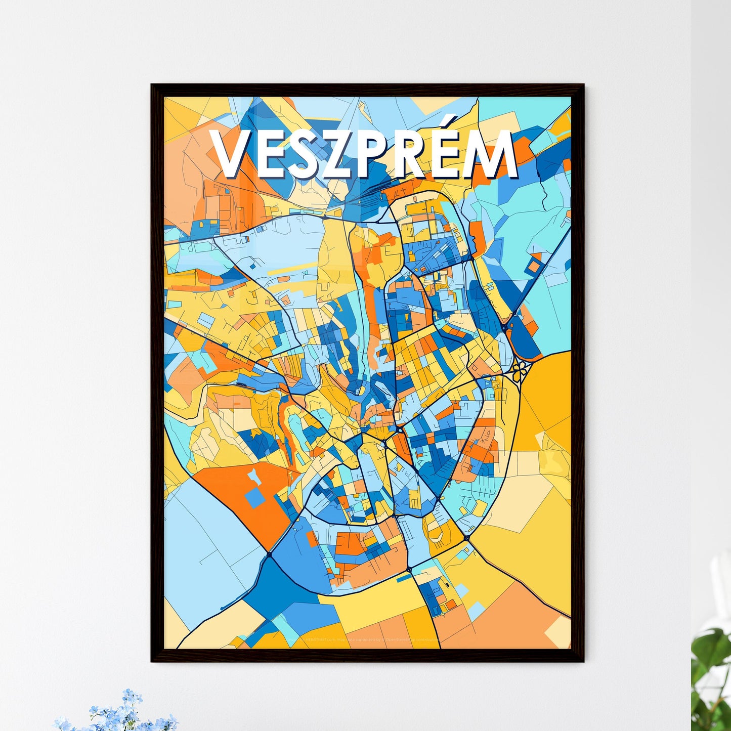 VESZPRÉM HUNGARY Vibrant Colorful Art Map Poster Blue Orange