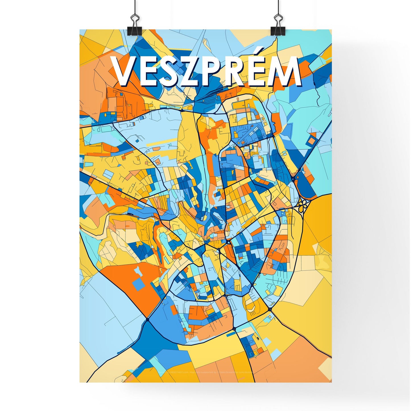 VESZPRÉM HUNGARY Vibrant Colorful Art Map Poster Blue Orange