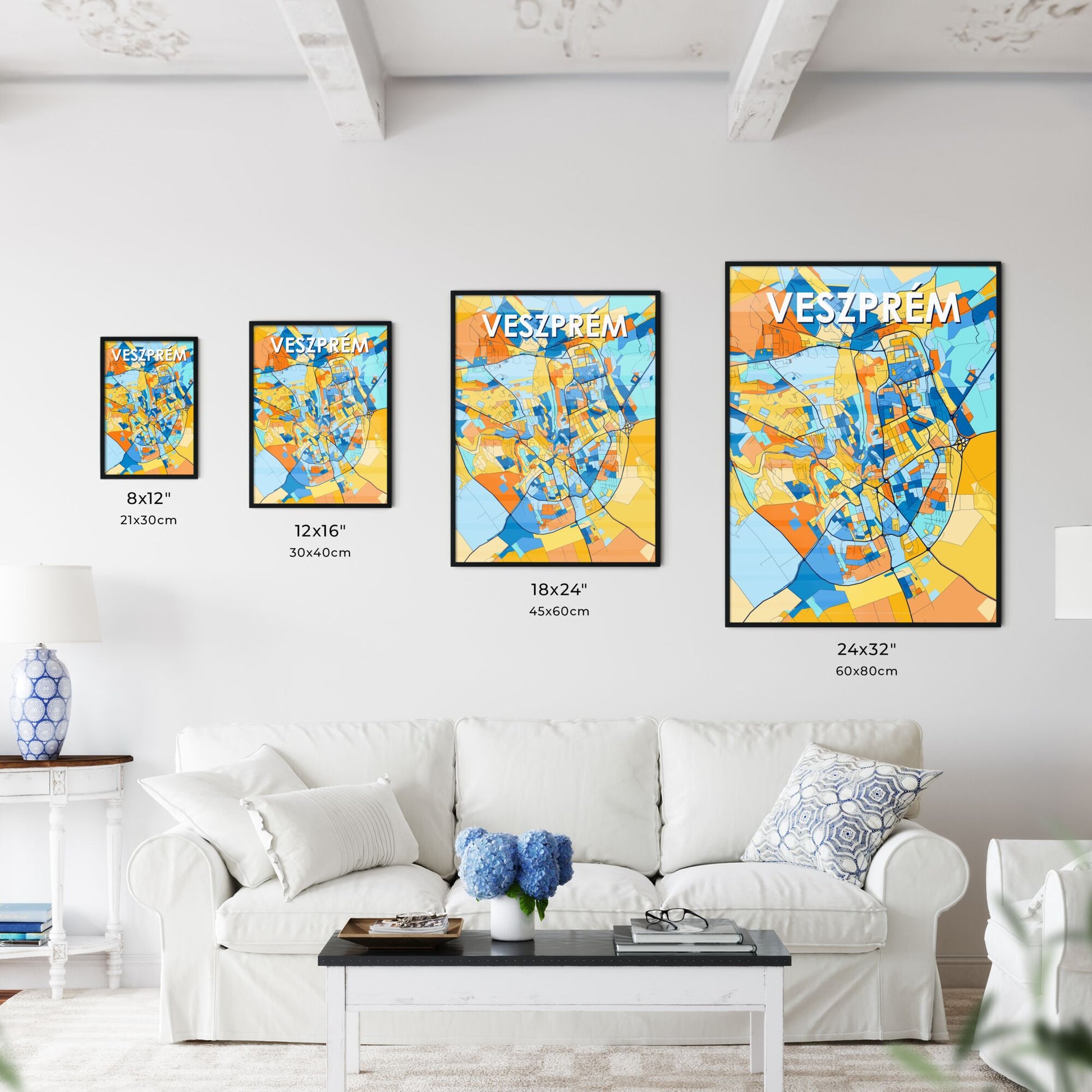 VESZPRÉM HUNGARY Vibrant Colorful Art Map Poster Blue Orange