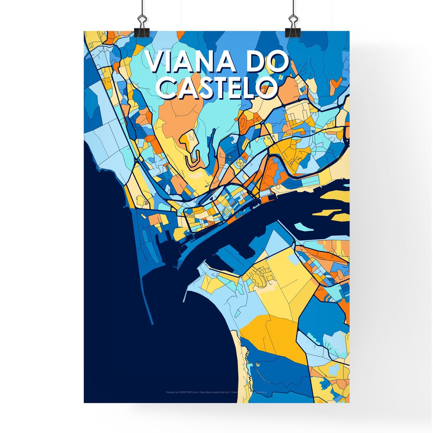 VIANA DO CASTELO PORTUGAL Vibrant Colorful Art Map Poster Blue Orange