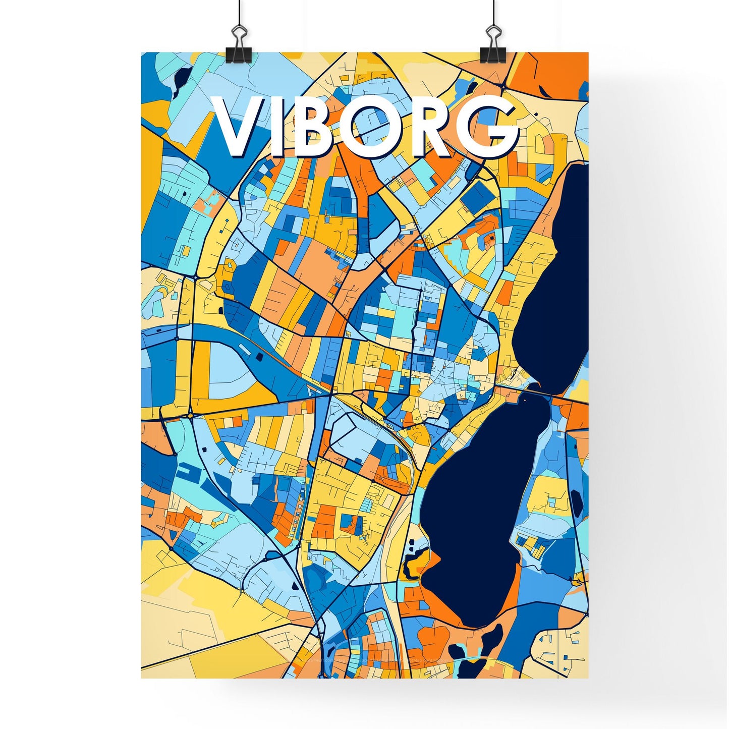 VIBORG DENMARK Vibrant Colorful Art Map Poster Blue Orange