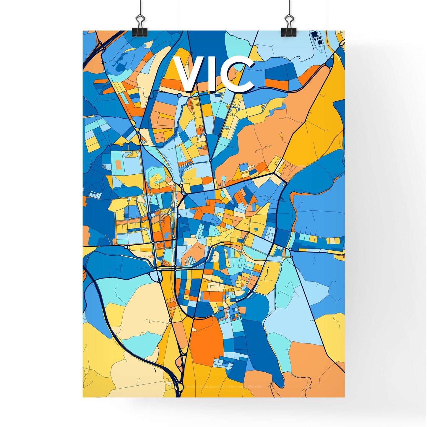 VIC SPAIN Vibrant Colorful Art Map Poster Blue Orange