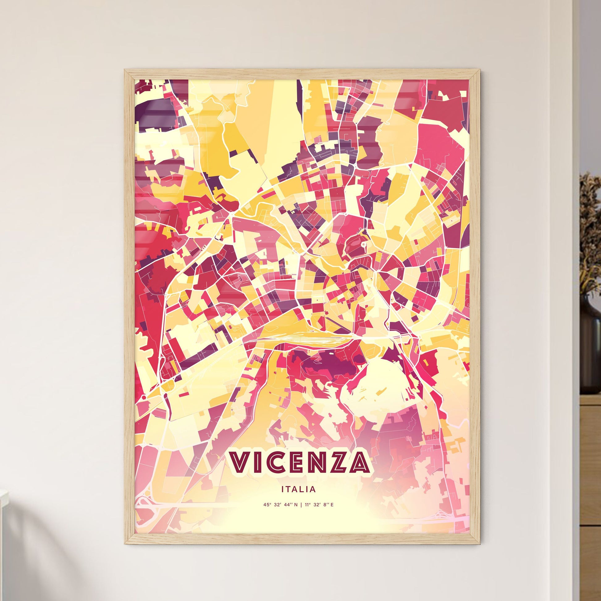 Colorful Vicenza Italy Fine Art Map Hot Red