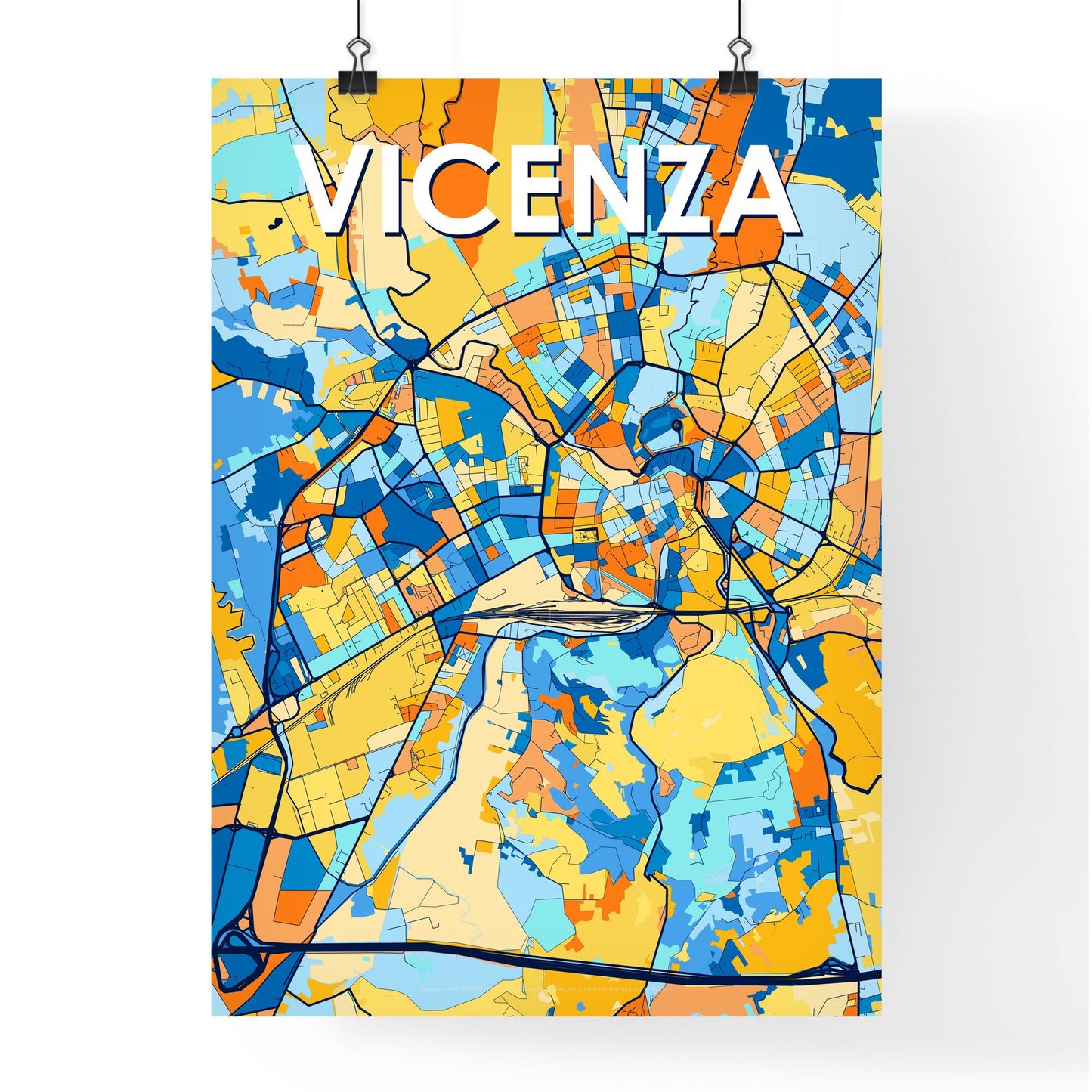 VICENZA ITALY Vibrant Colorful Art Map Poster Blue Orange