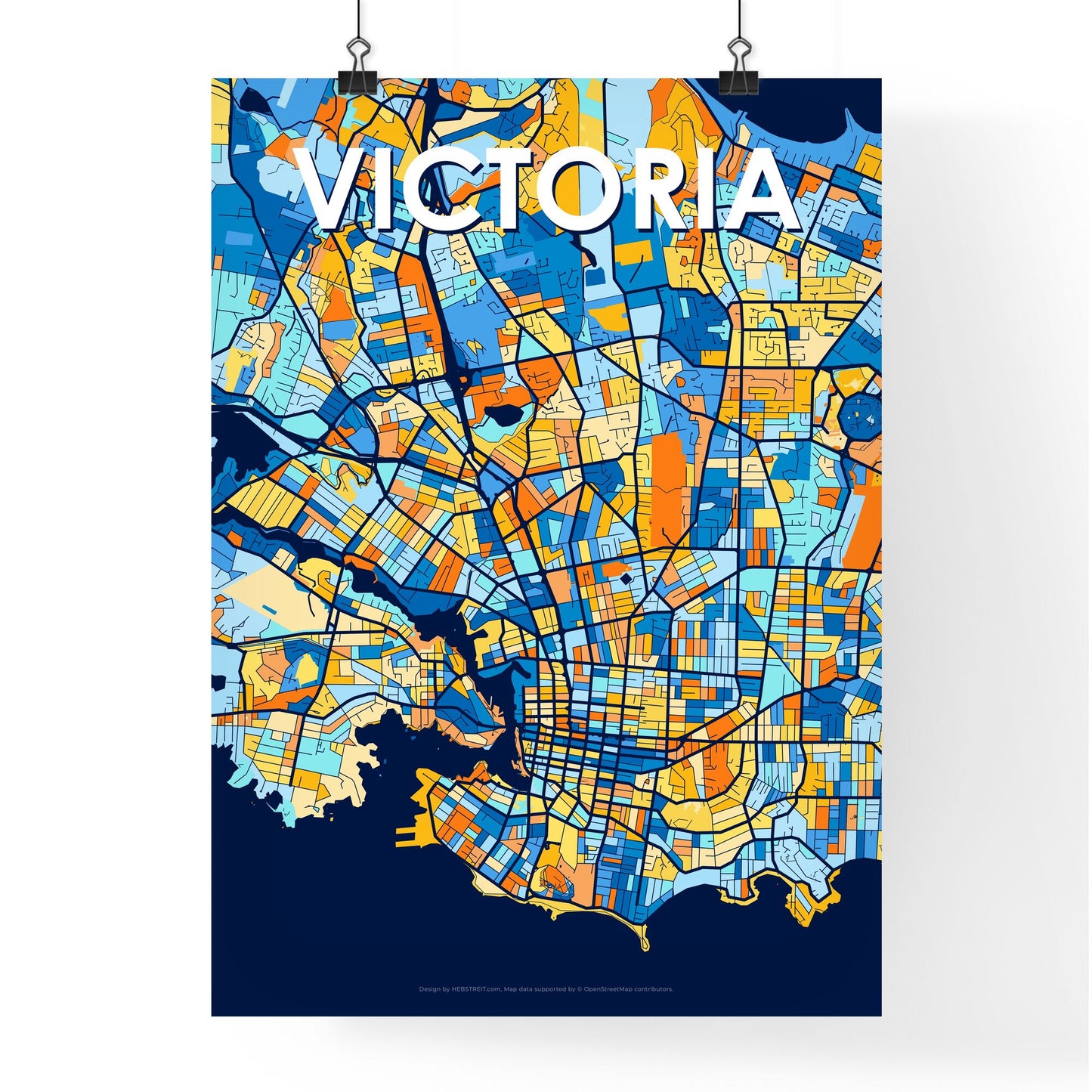 VICTORIA CANADA Vibrant Colorful Art Map Poster Blue Orange