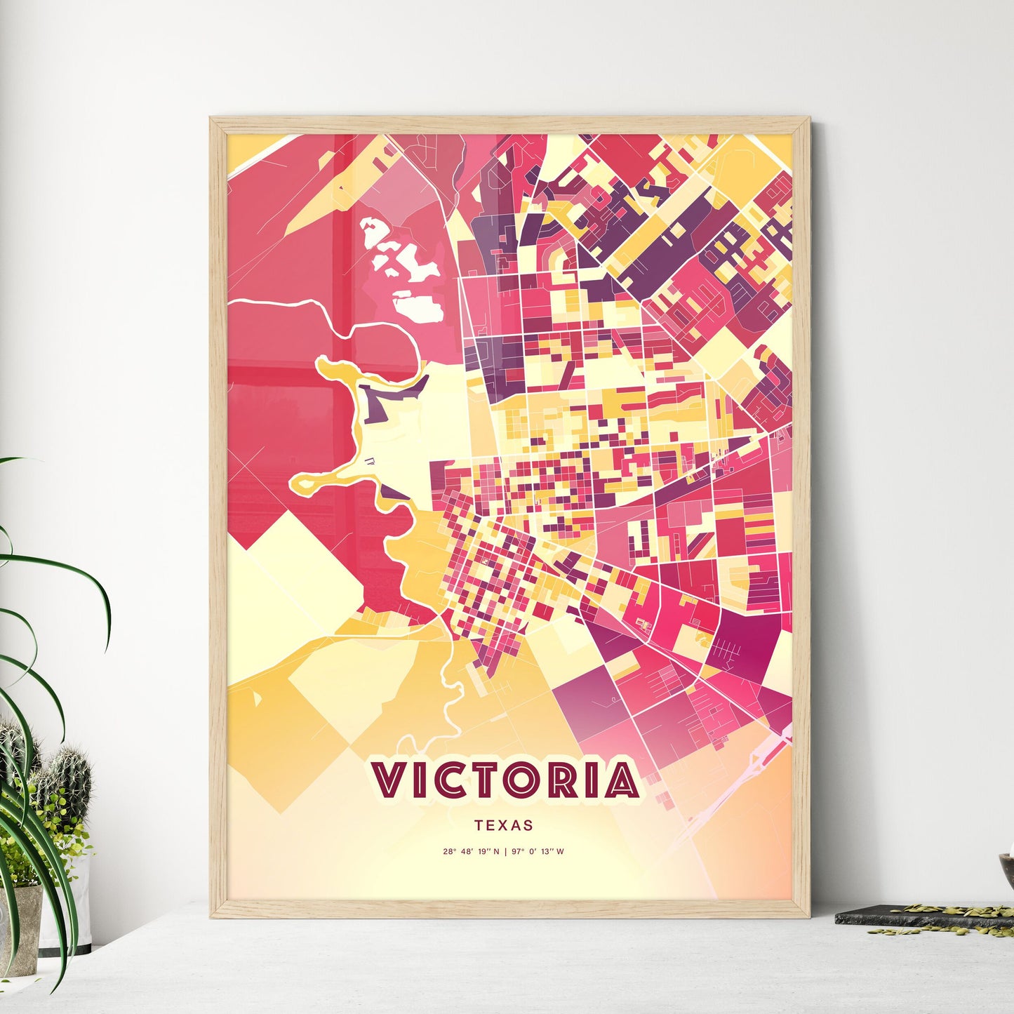 Colorful Victoria Texas Fine Art Map Hot Red