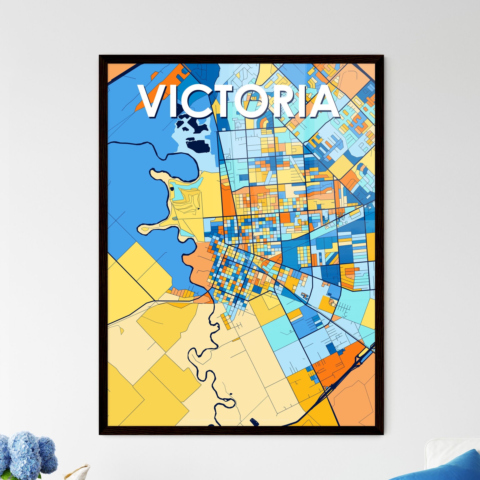 VICTORIA TEXAS Vibrant Colorful Art Map Poster Blue Orange