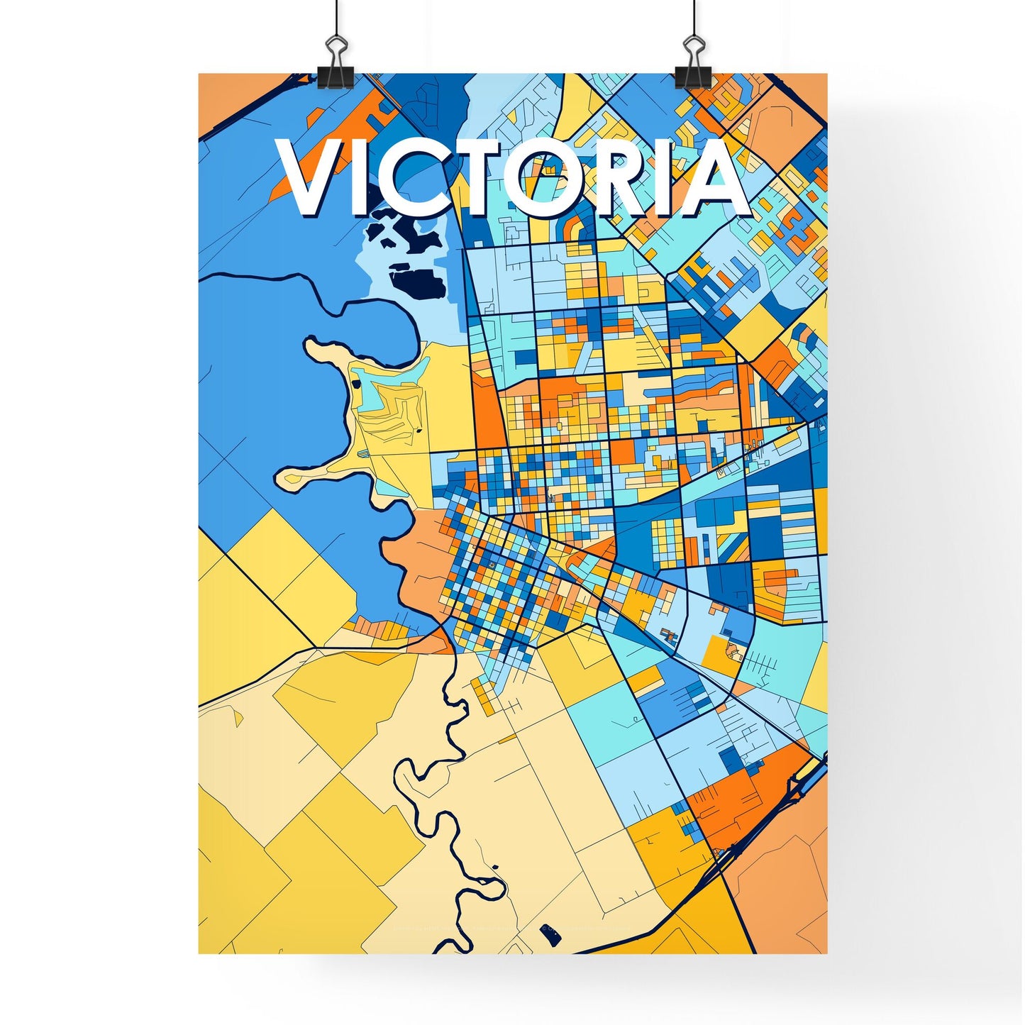 VICTORIA TEXAS Vibrant Colorful Art Map Poster Blue Orange