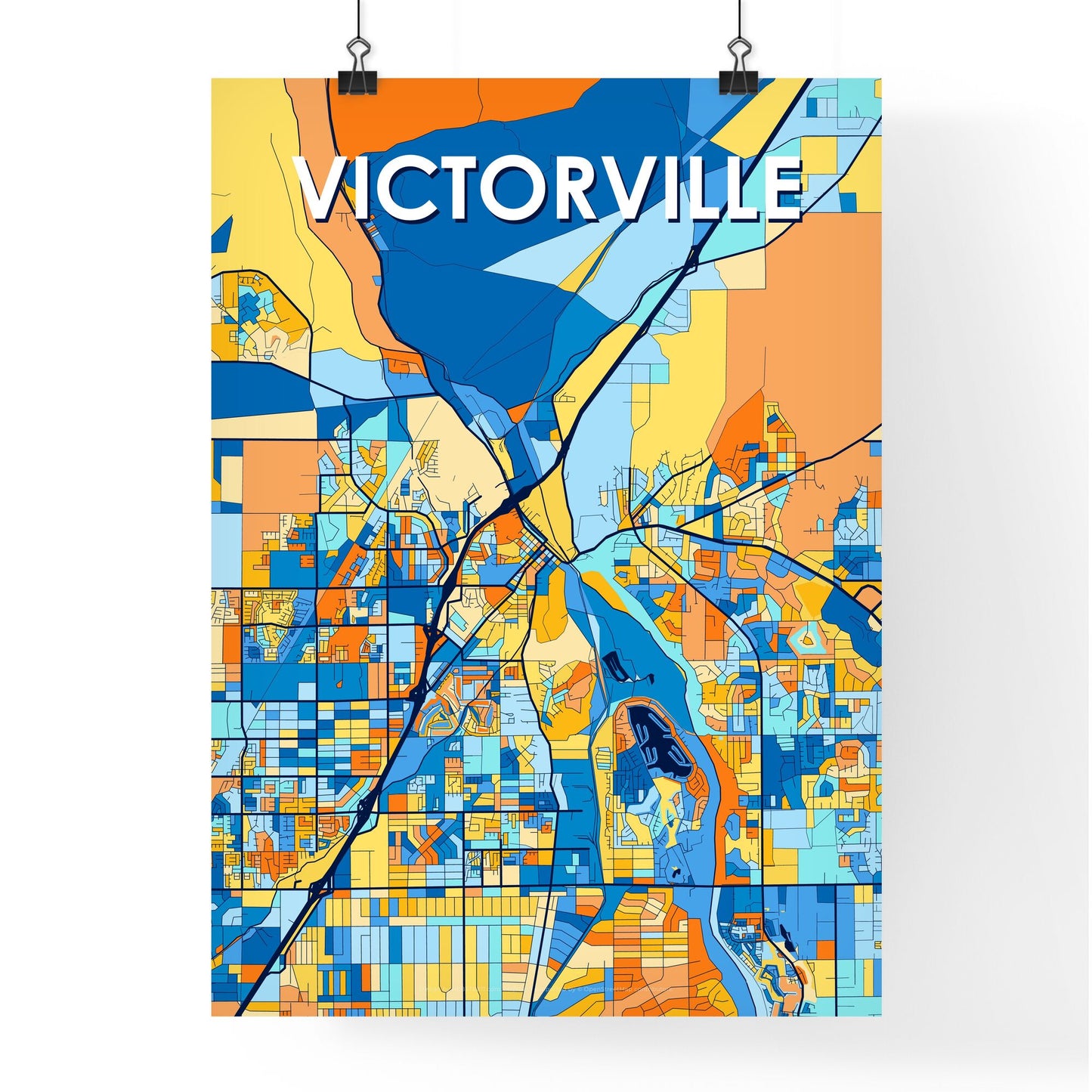 VICTORVILLE CALIFORNIA Vibrant Colorful Art Map Poster Blue Orange