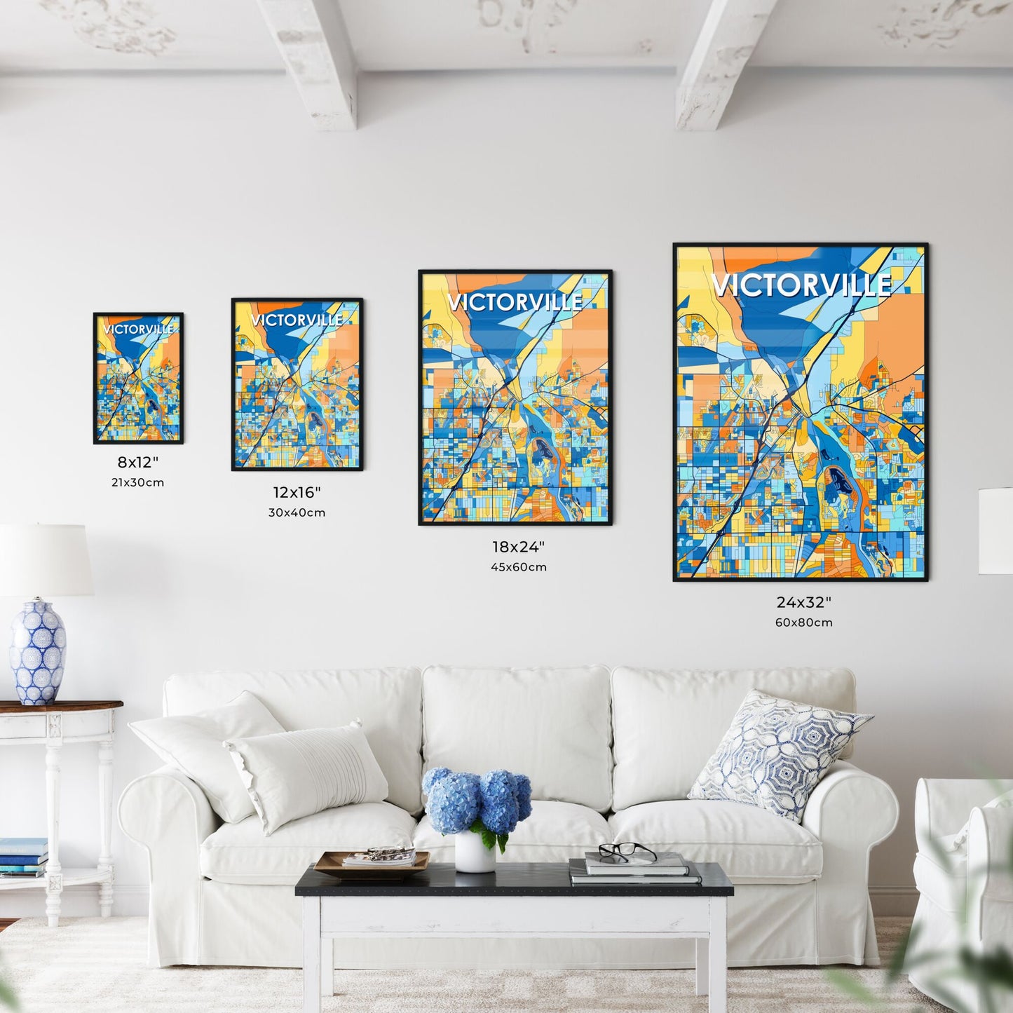 VICTORVILLE CALIFORNIA Vibrant Colorful Art Map Poster Blue Orange