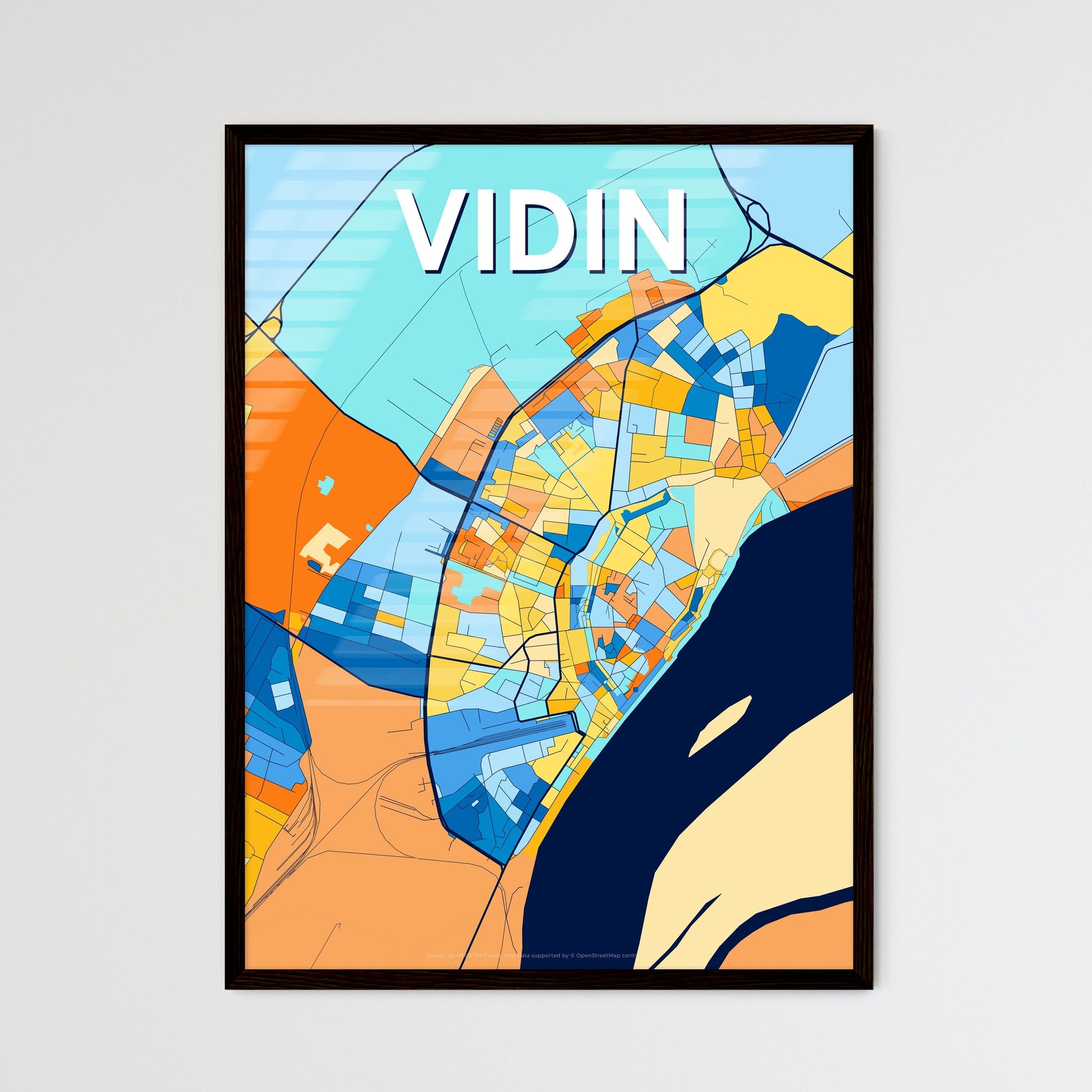 VIDIN BULGARIA Vibrant Colorful Art Map Poster Blue Orange