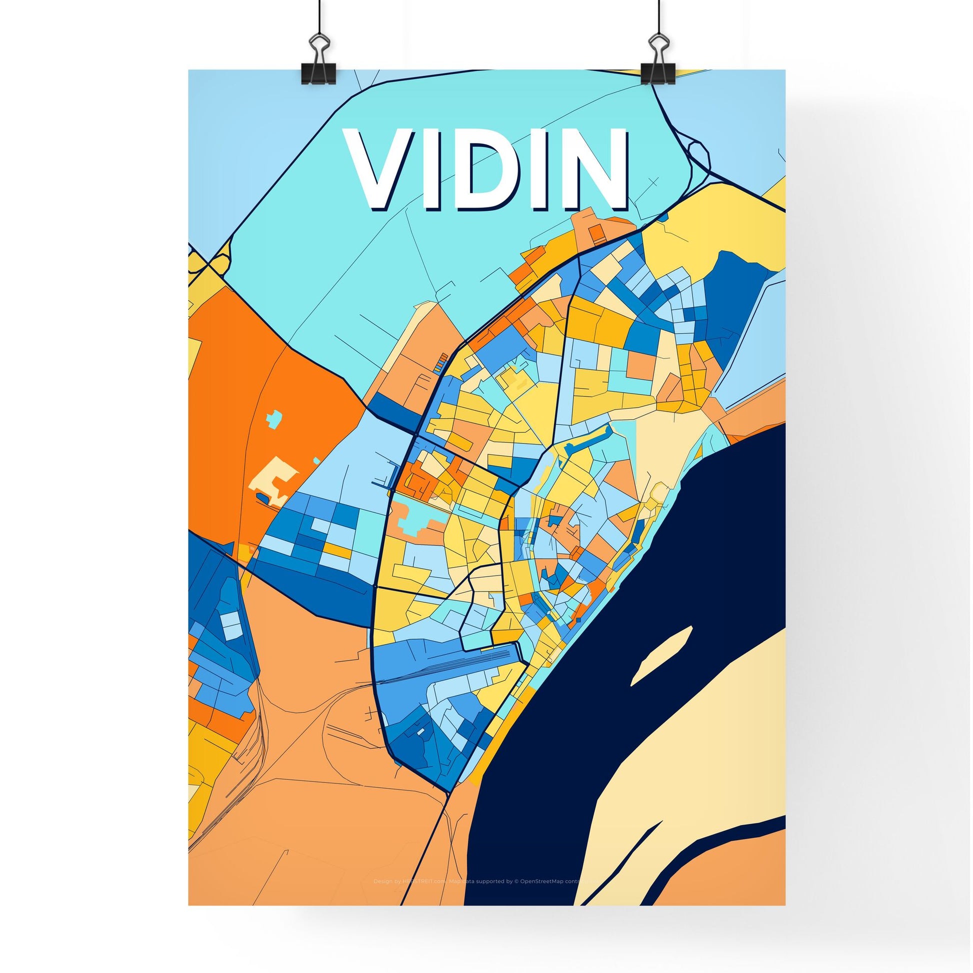 VIDIN BULGARIA Vibrant Colorful Art Map Poster Blue Orange