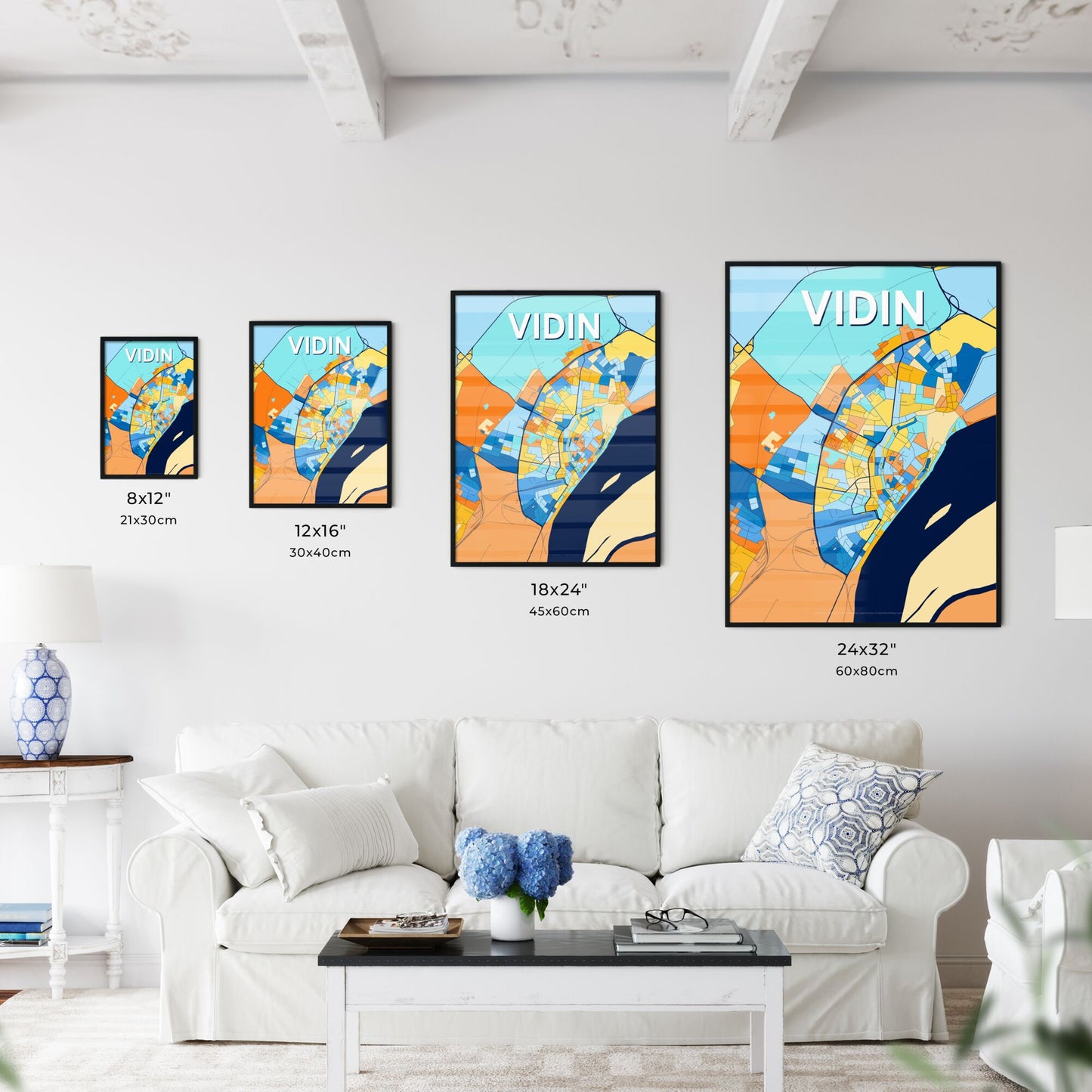 VIDIN BULGARIA Vibrant Colorful Art Map Poster Blue Orange