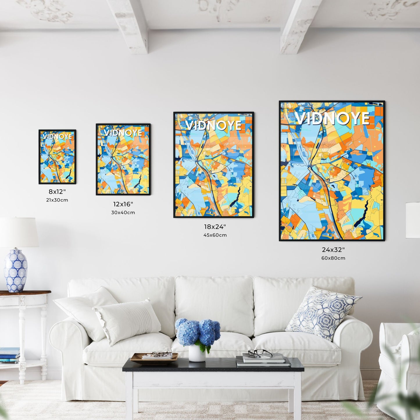 VIDNOYE RUSSIA Vibrant Colorful Art Map Poster Blue Orange