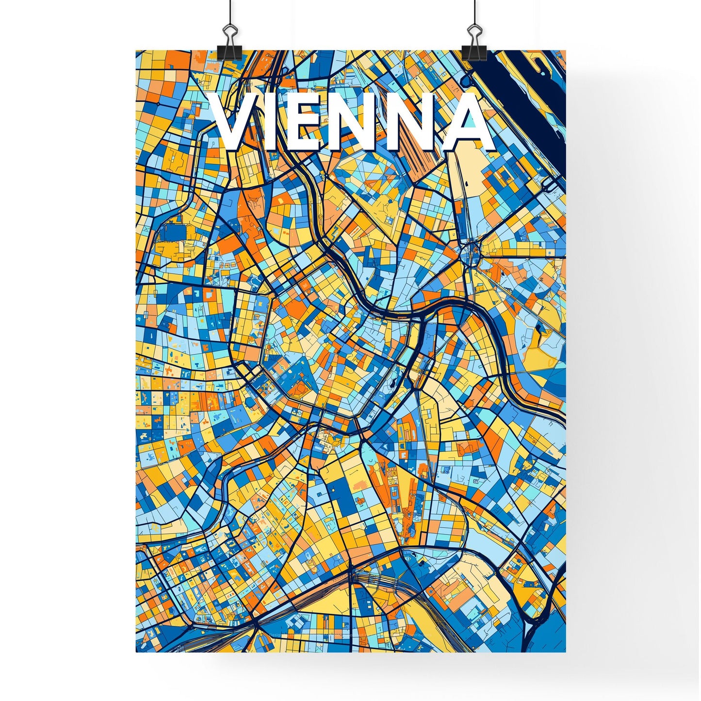 VIENNA AUSTRIA Vibrant Colorful Art Map Poster Blue Orange