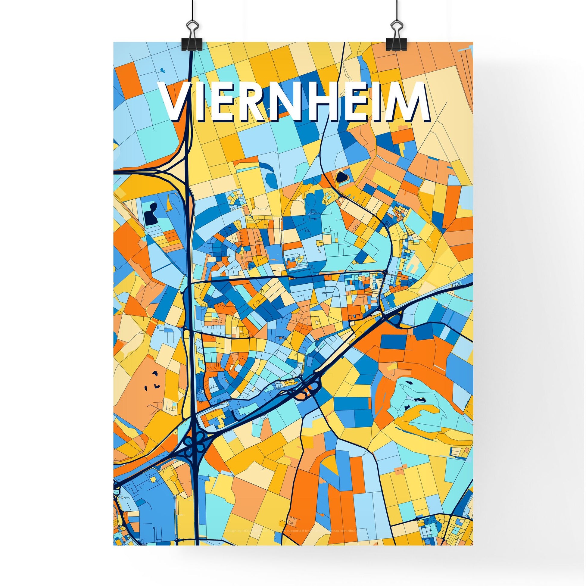 VIERNHEIM GERMANY Vibrant Colorful Art Map Poster Blue Orange