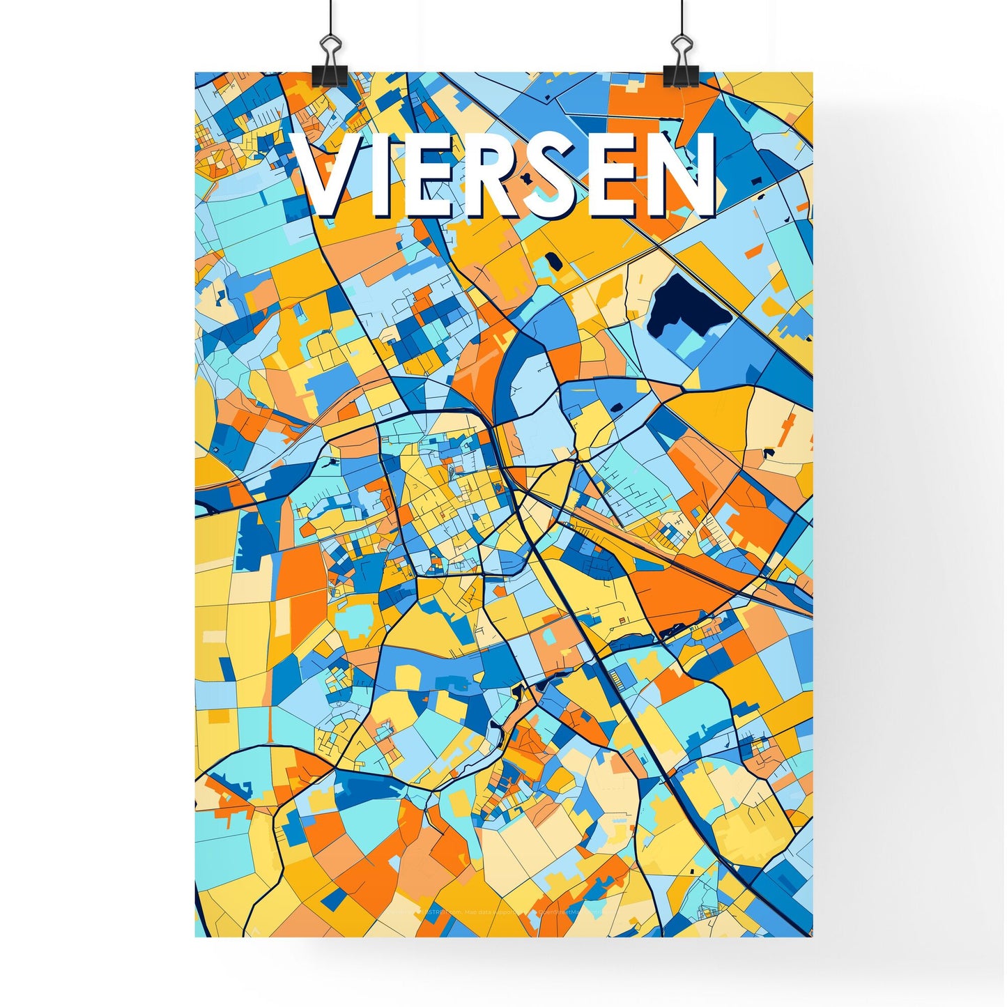 VIERSEN GERMANY Vibrant Colorful Art Map Poster Blue Orange