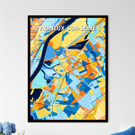 VIGNEUX-SUR-SEINE FRANCE Vibrant Colorful Art Map Poster Blue Orange