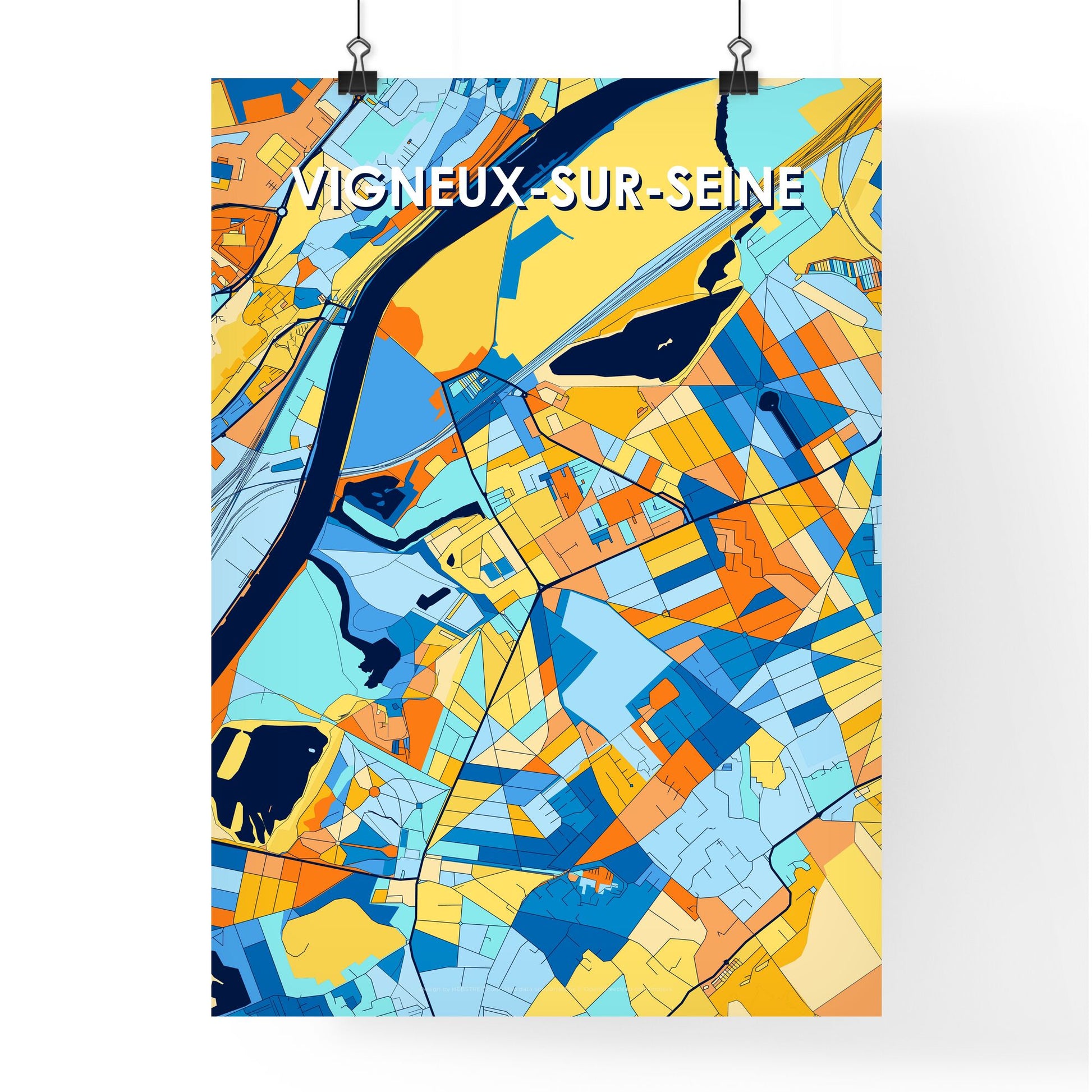 VIGNEUX-SUR-SEINE FRANCE Vibrant Colorful Art Map Poster Blue Orange