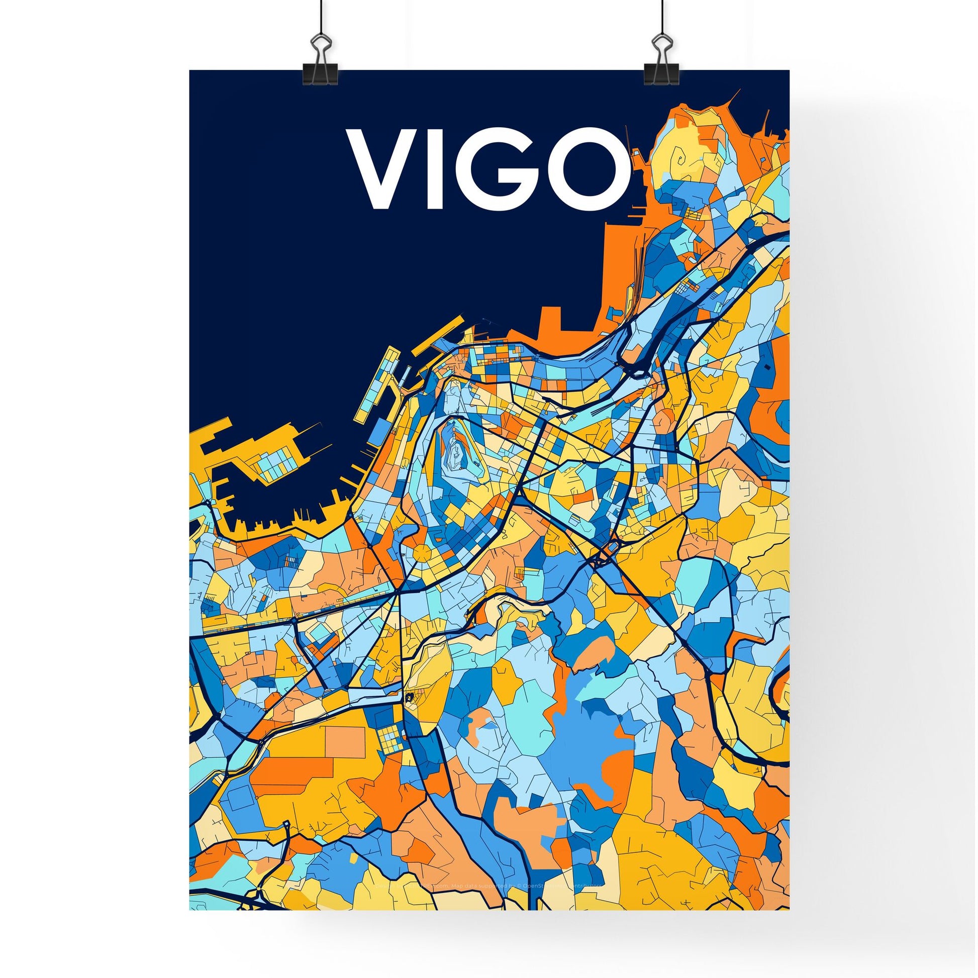 VIGO SPAIN Vibrant Colorful Art Map Poster Blue Orange