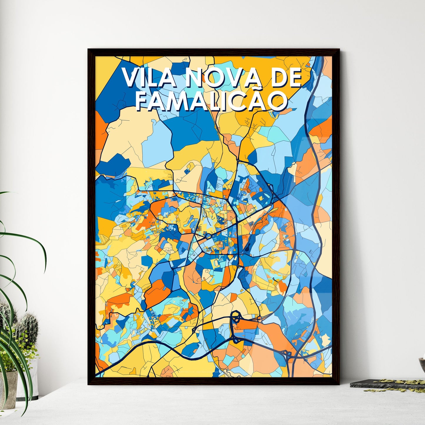 VILA NOVA DE FAMALICÃO PORTUGAL Vibrant Colorful Art Map Poster Blue Orange