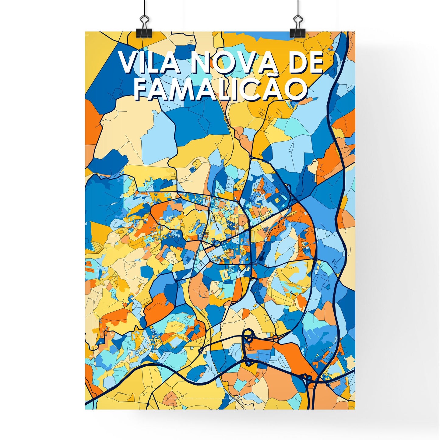 VILA NOVA DE FAMALICÃO PORTUGAL Vibrant Colorful Art Map Poster Blue Orange