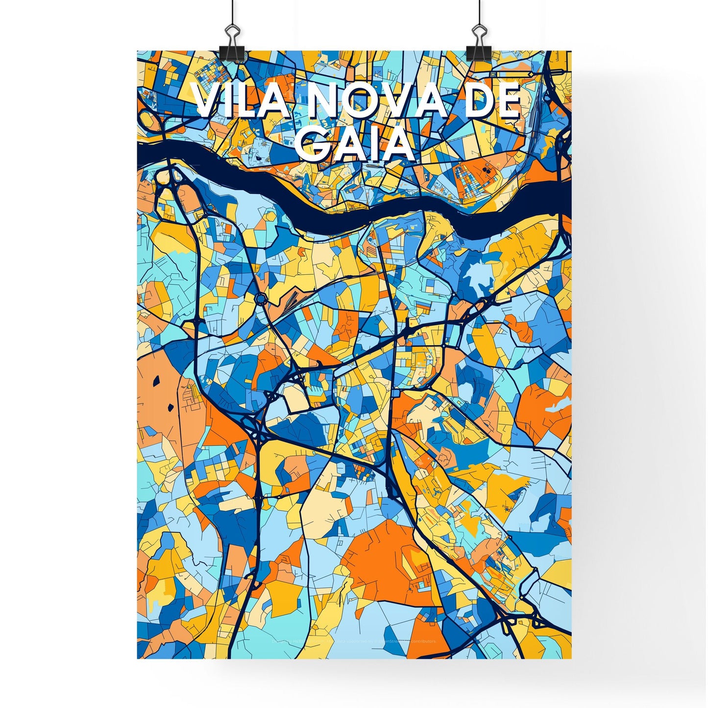 VILA NOVA DE GAIA PORTUGAL Vibrant Colorful Art Map Poster Blue Orange