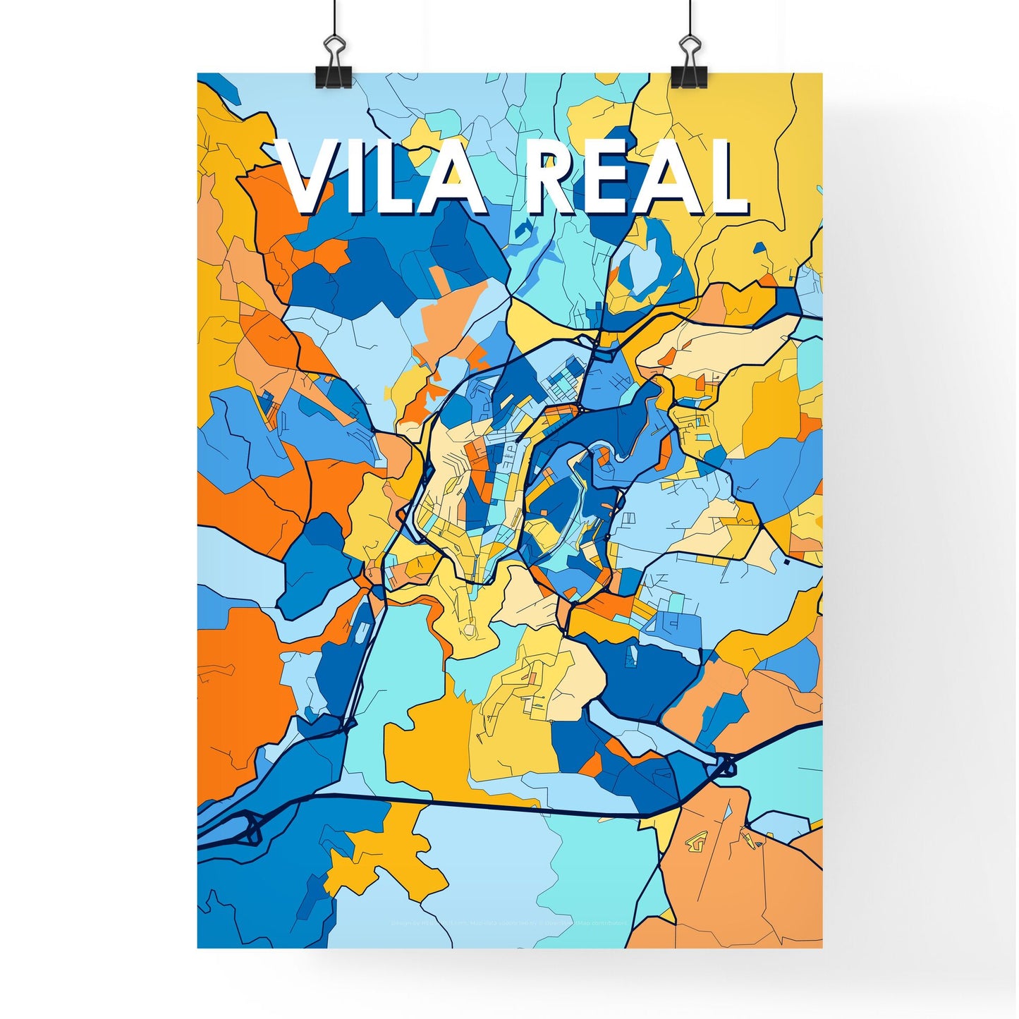 VILA REAL PORTUGAL Vibrant Colorful Art Map Poster Blue Orange