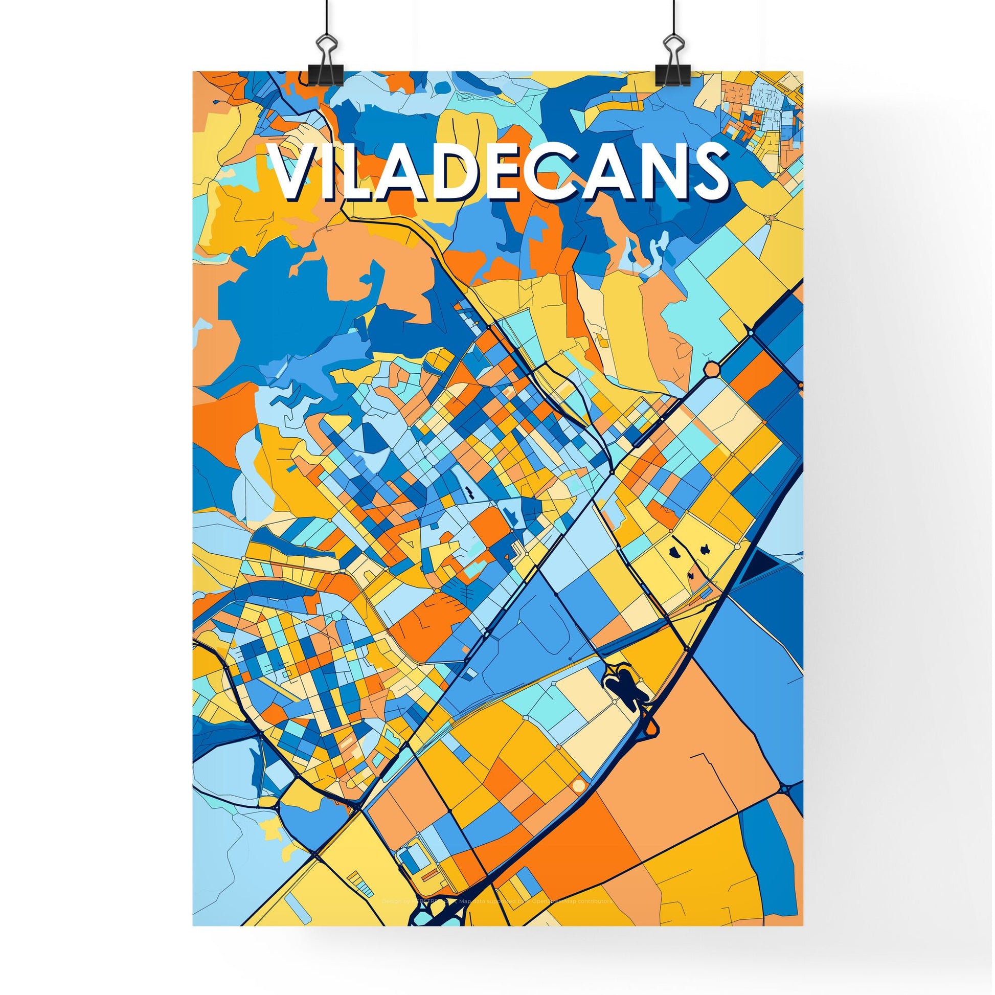 VILADECANS SPAIN Vibrant Colorful Art Map Poster Blue Orange