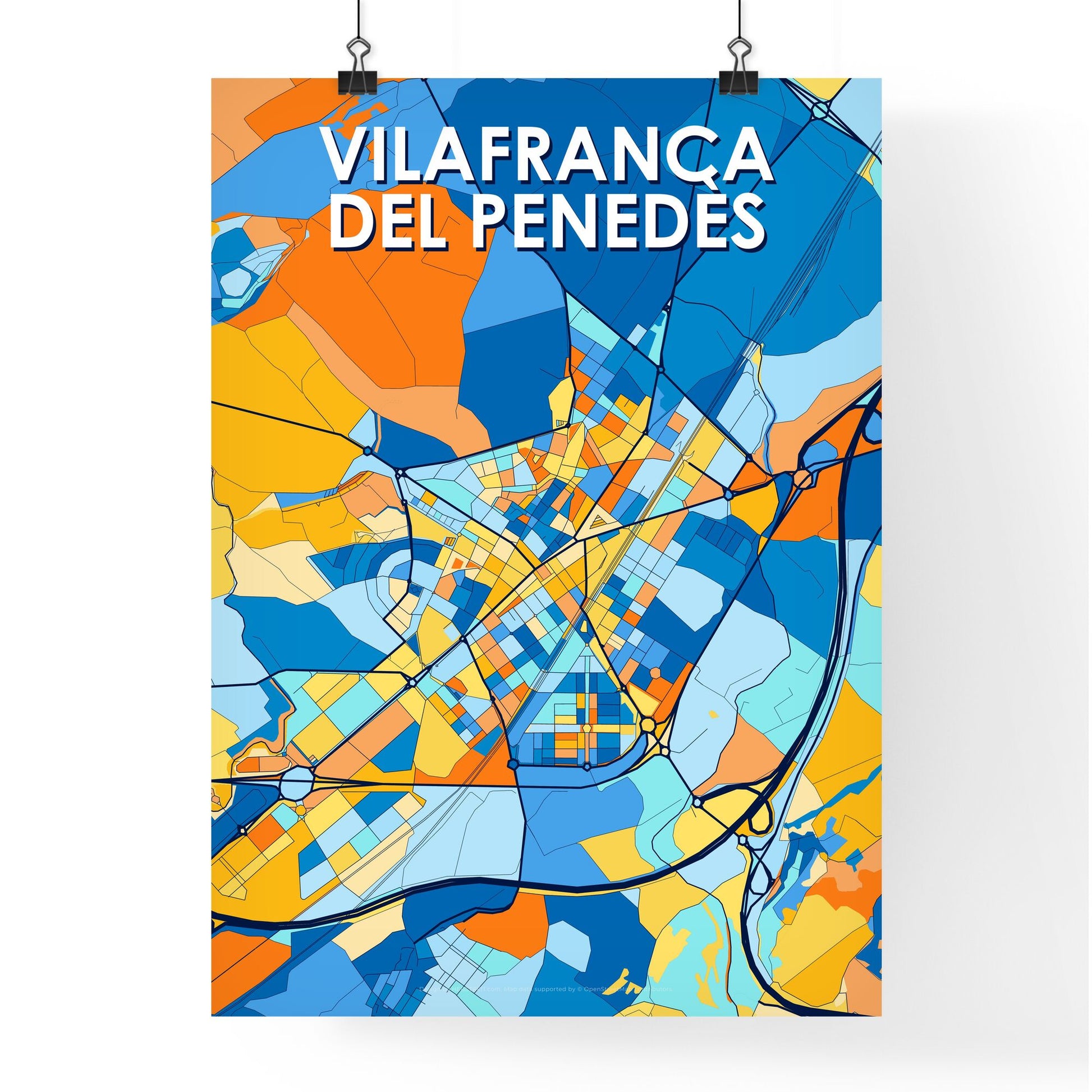 VILAFRANCA DEL PENEDÈS SPAIN Vibrant Colorful Art Map Poster Blue Orange