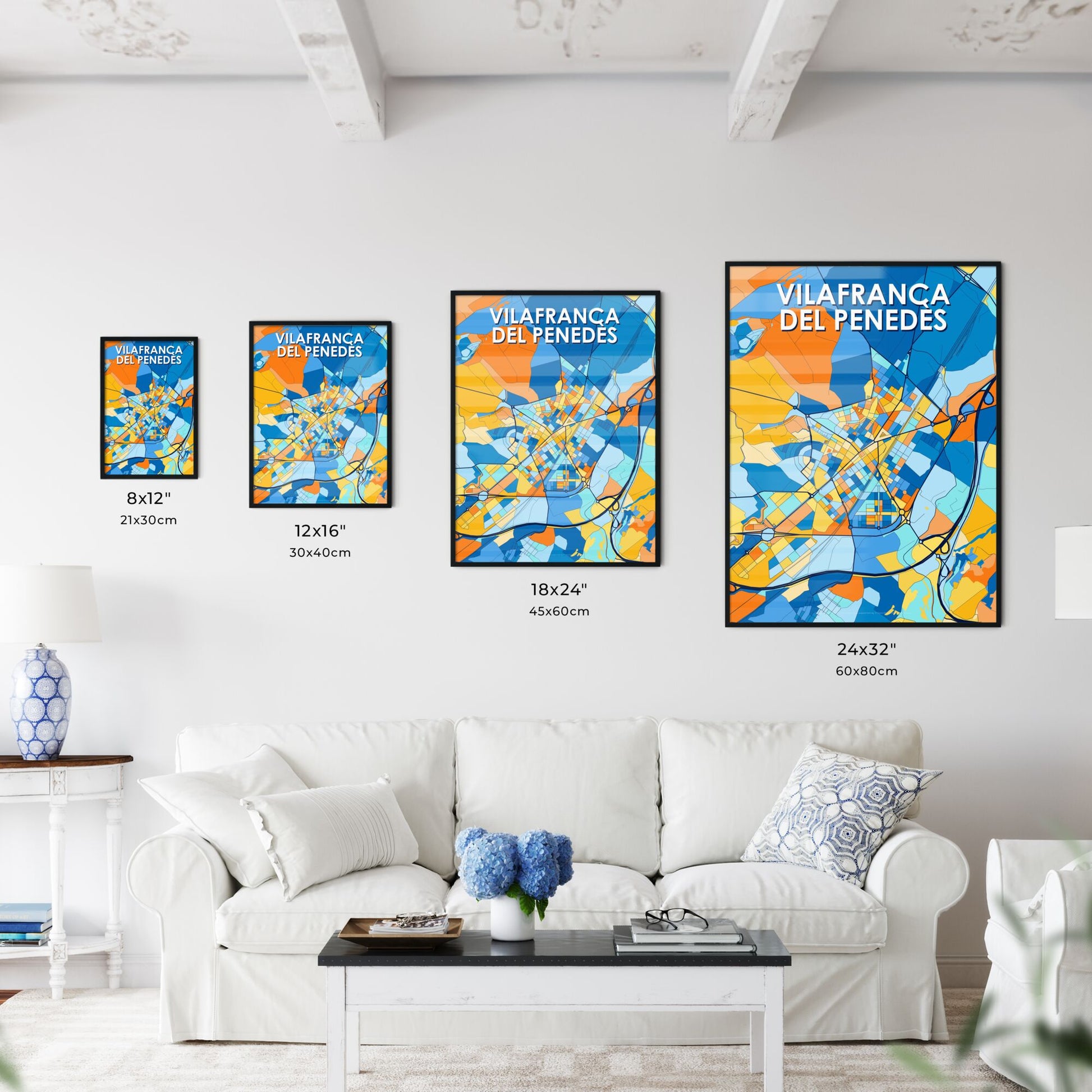 VILAFRANCA DEL PENEDÈS SPAIN Vibrant Colorful Art Map Poster Blue Orange