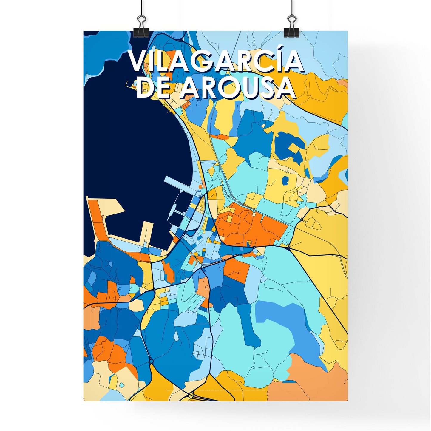 VILAGARCÍA DE AROUSA SPAIN Vibrant Colorful Art Map Poster Blue Orange