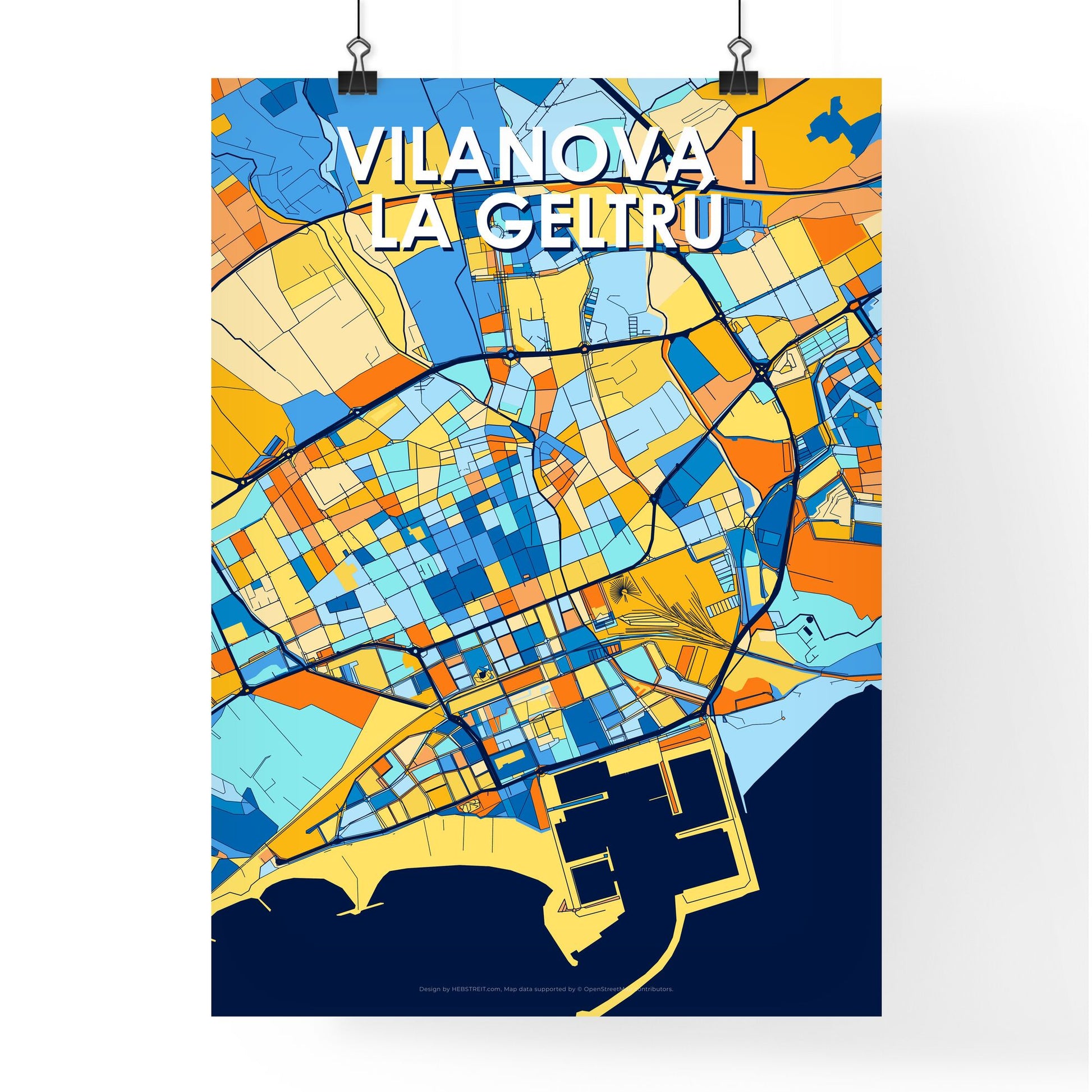 VILANOVA I LA GELTRÚ SPAIN Vibrant Colorful Art Map Poster Blue Orange