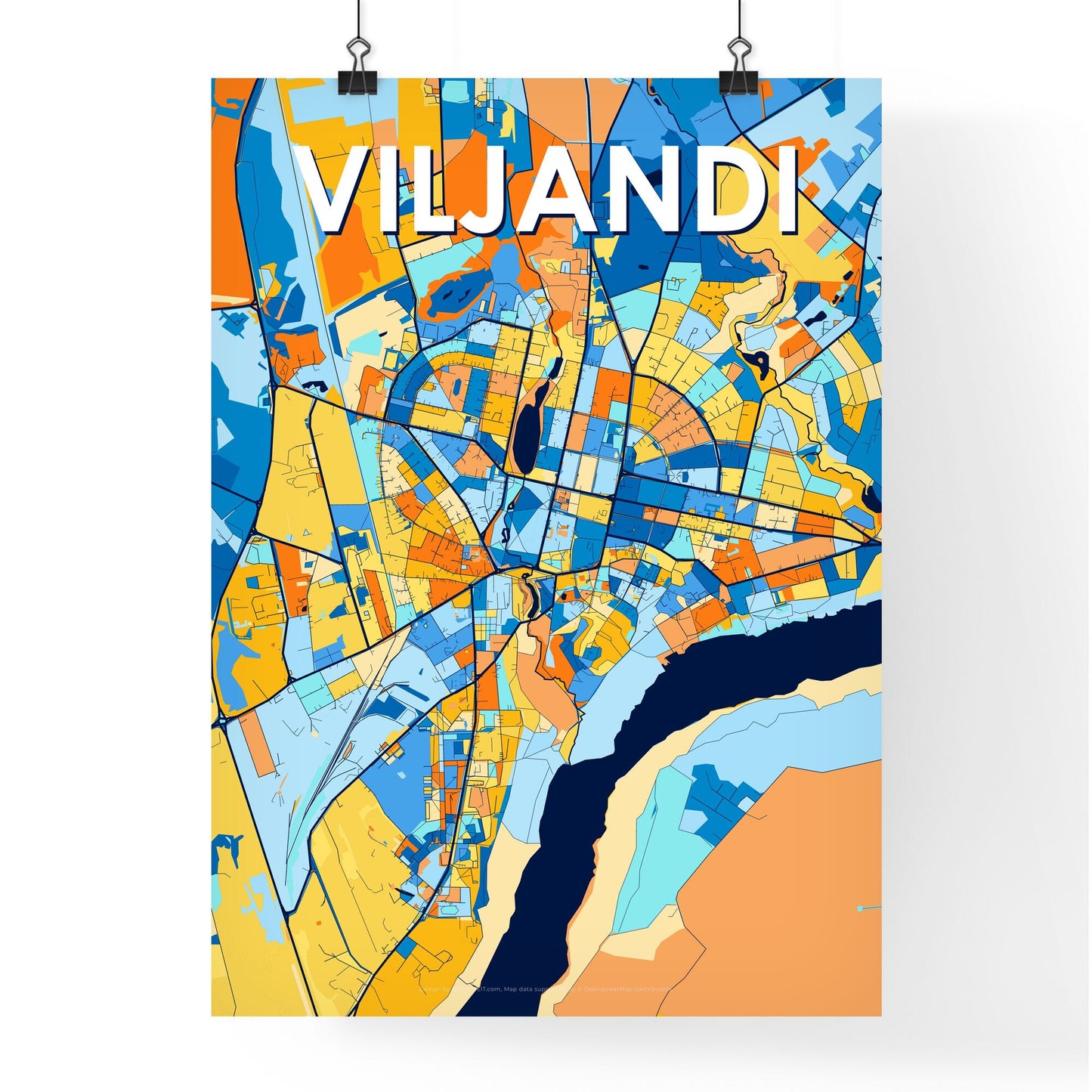 VILJANDI ESTONIA Vibrant Colorful Art Map Poster Blue Orange