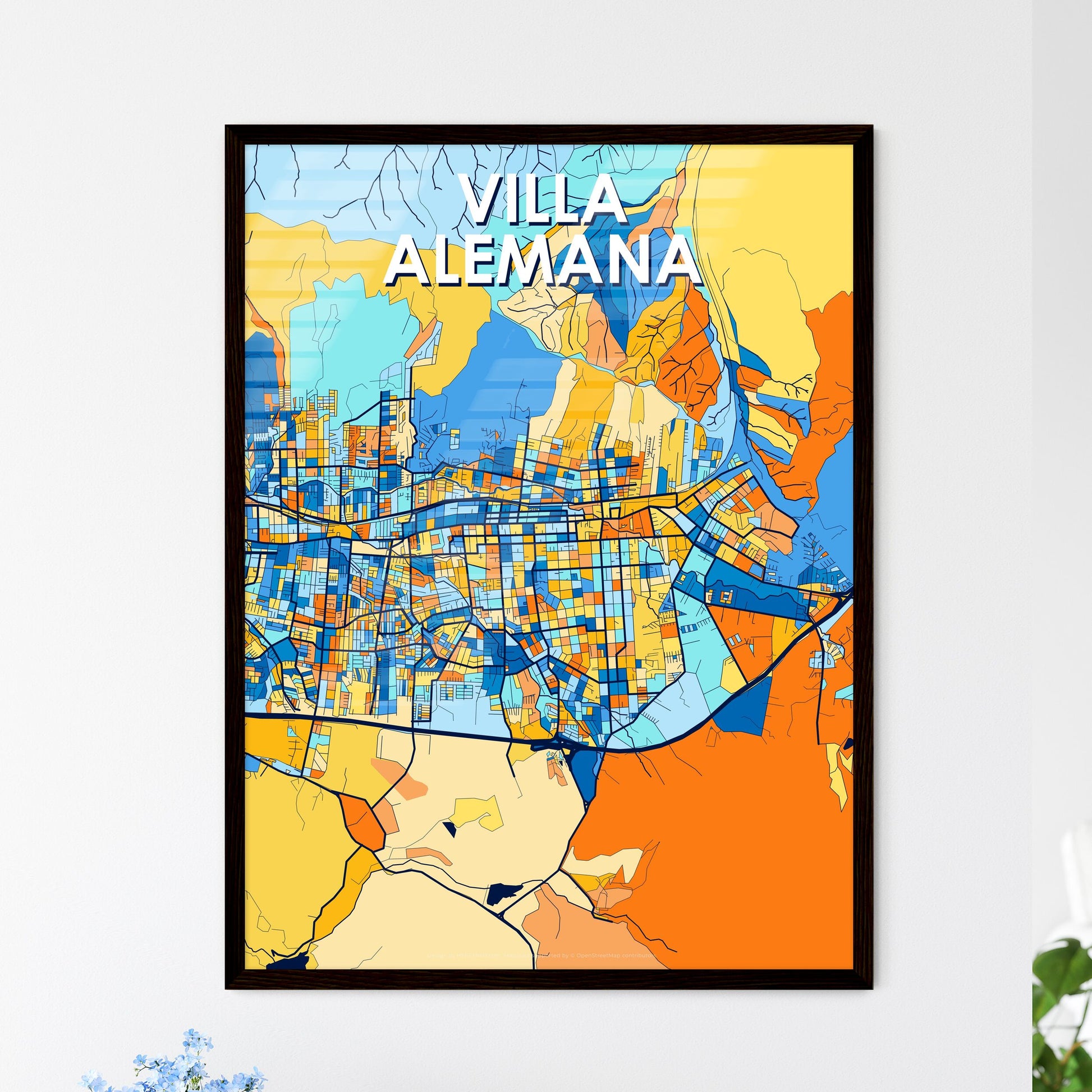 VILLA ALEMANA CHILE Vibrant Colorful Art Map Poster Blue Orange