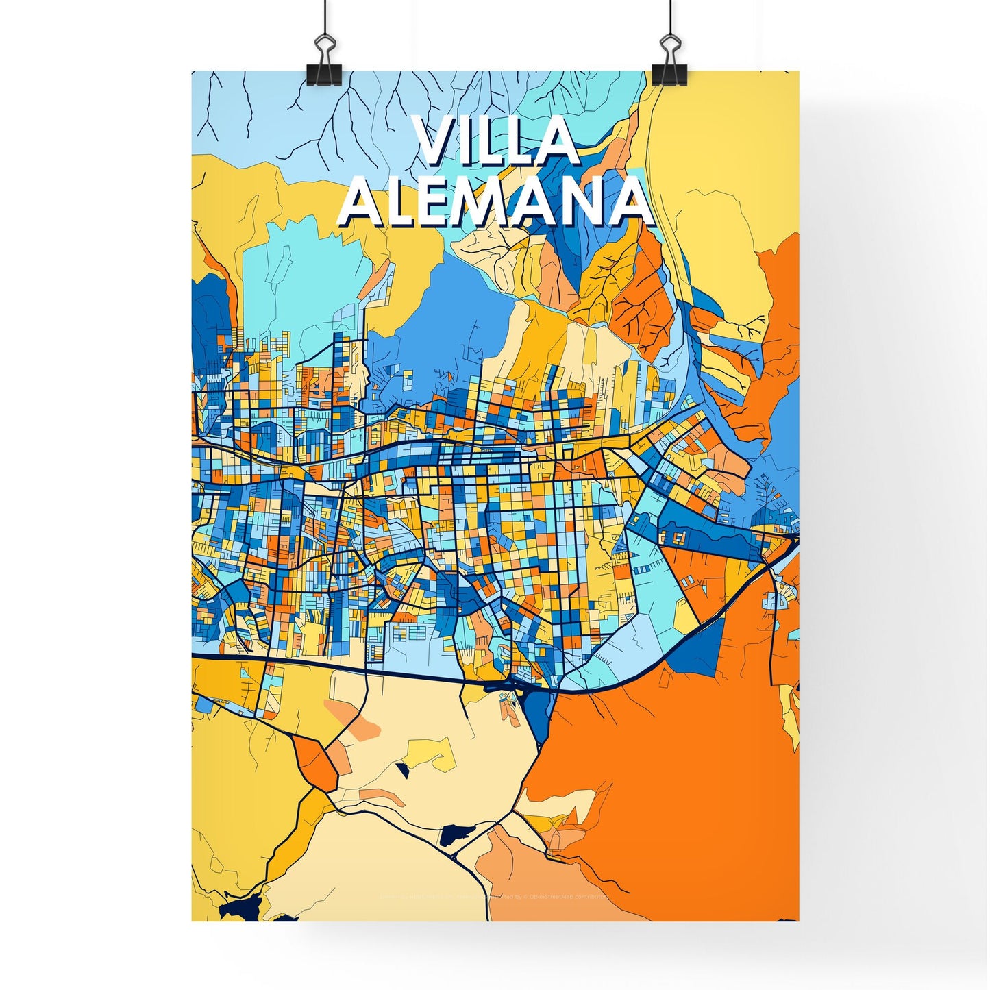 VILLA ALEMANA CHILE Vibrant Colorful Art Map Poster Blue Orange