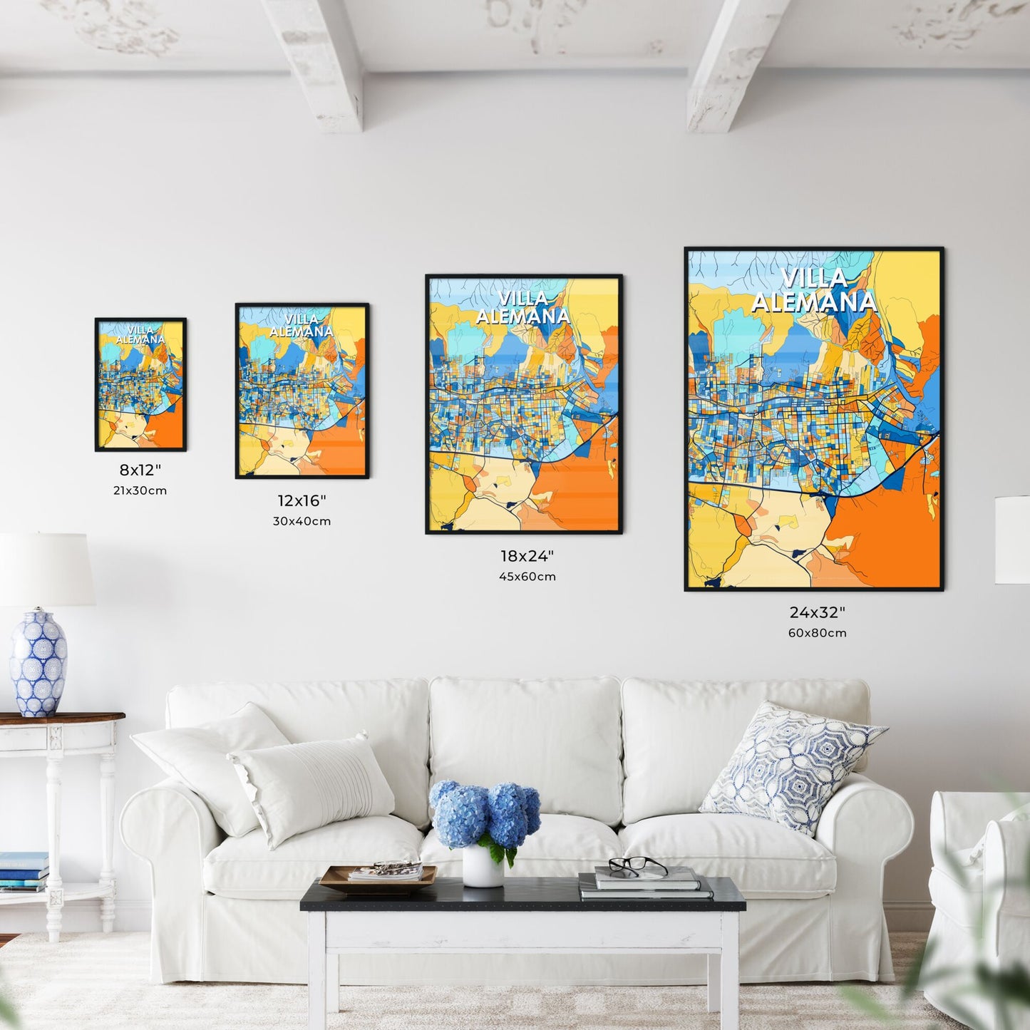 VILLA ALEMANA CHILE Vibrant Colorful Art Map Poster Blue Orange