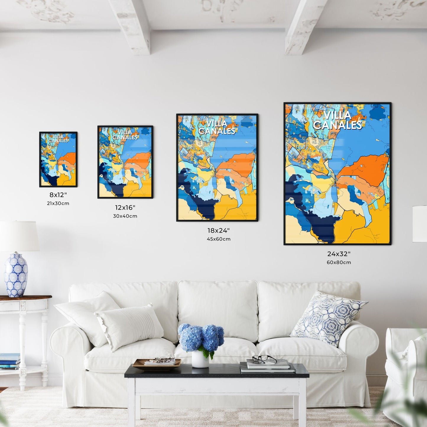 VILLA CANALES GUATEMALA Vibrant Colorful Art Map Poster Blue Orange