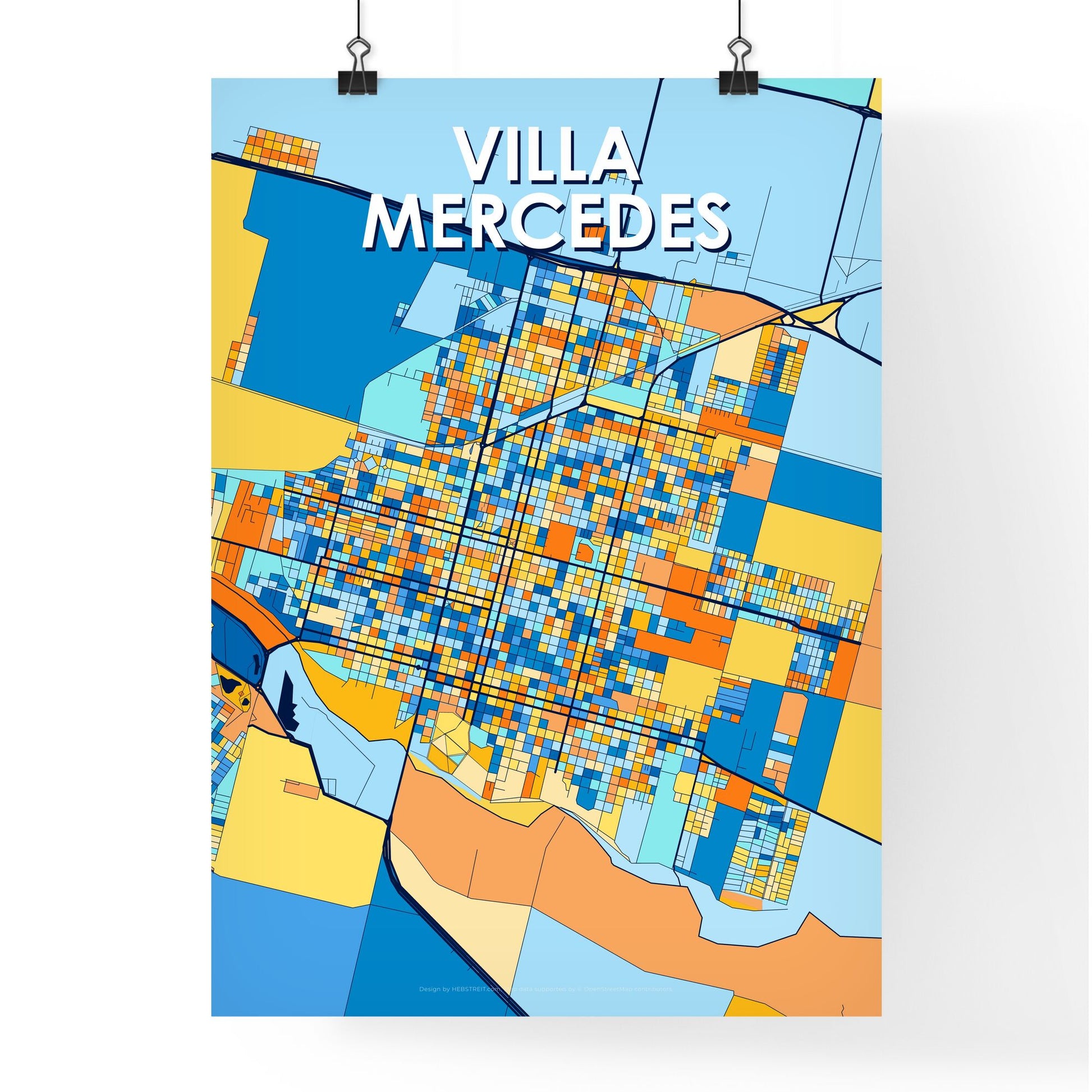 VILLA MERCEDES ARGENTINA Vibrant Colorful Art Map Poster Blue Orange