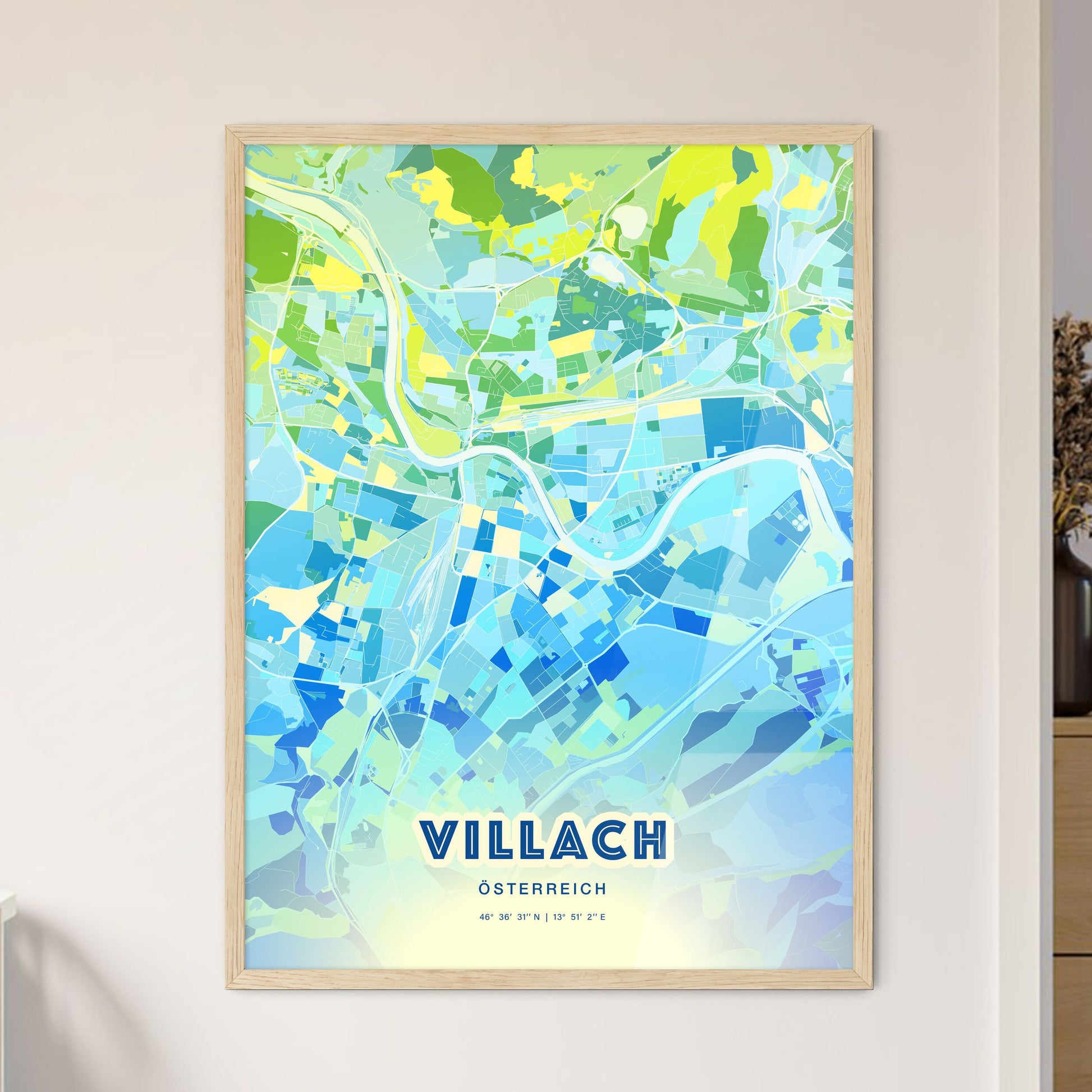 Colorful Villach Austria Fine Art Map Cool Blue