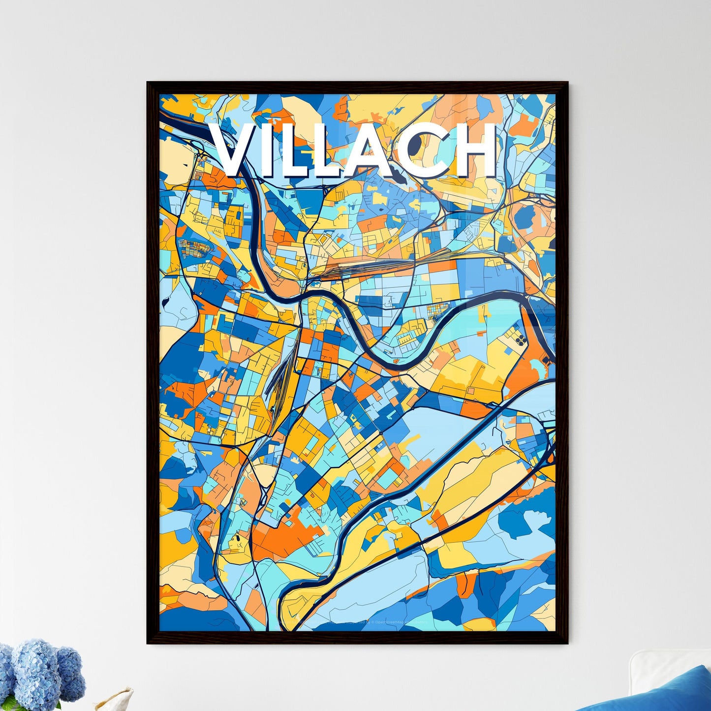 VILLACH AUSTRIA Vibrant Colorful Art Map Poster Blue Orange