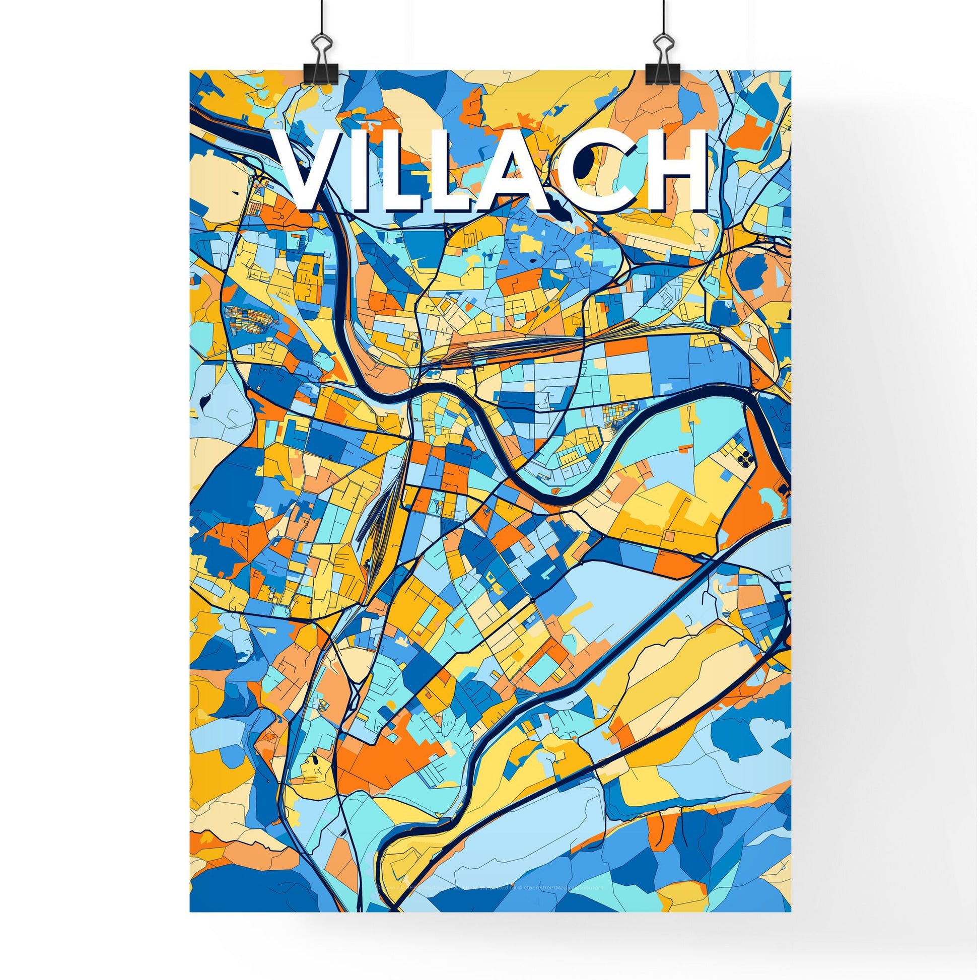 VILLACH AUSTRIA Vibrant Colorful Art Map Poster Blue Orange