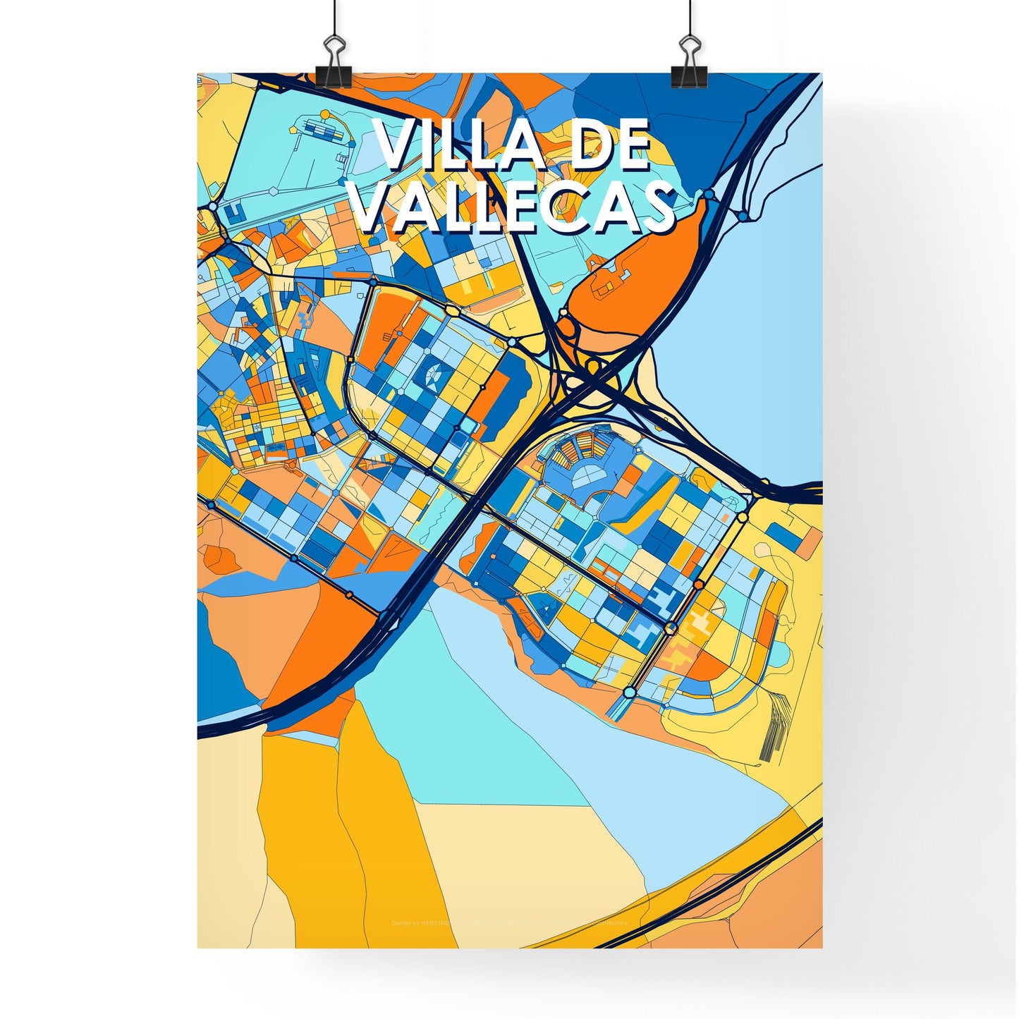 VILLA DE VALLECAS SPAIN Vibrant Colorful Art Map Poster Blue Orange