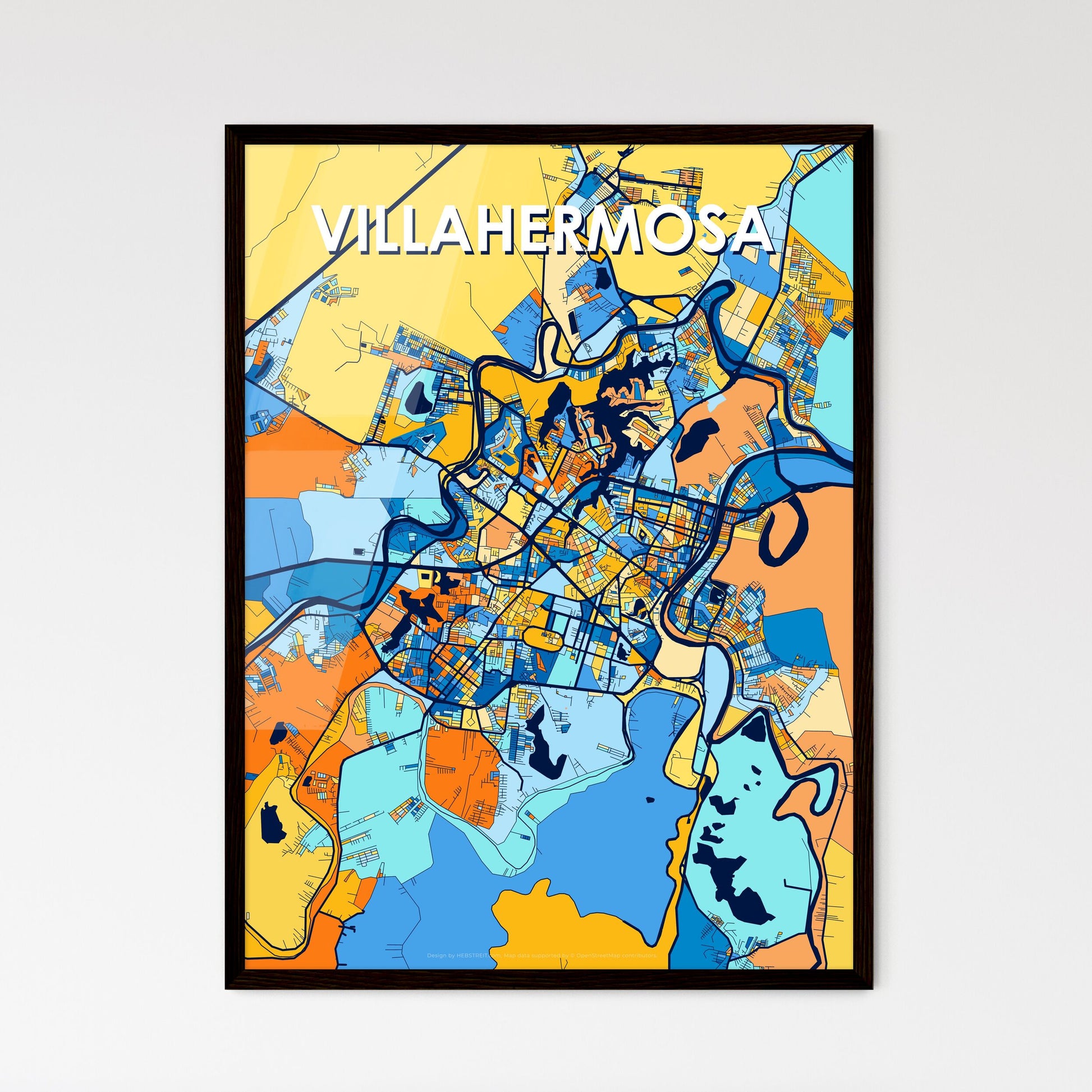 VILLAHERMOSA MEXICO Vibrant Colorful Art Map Poster Blue Orange