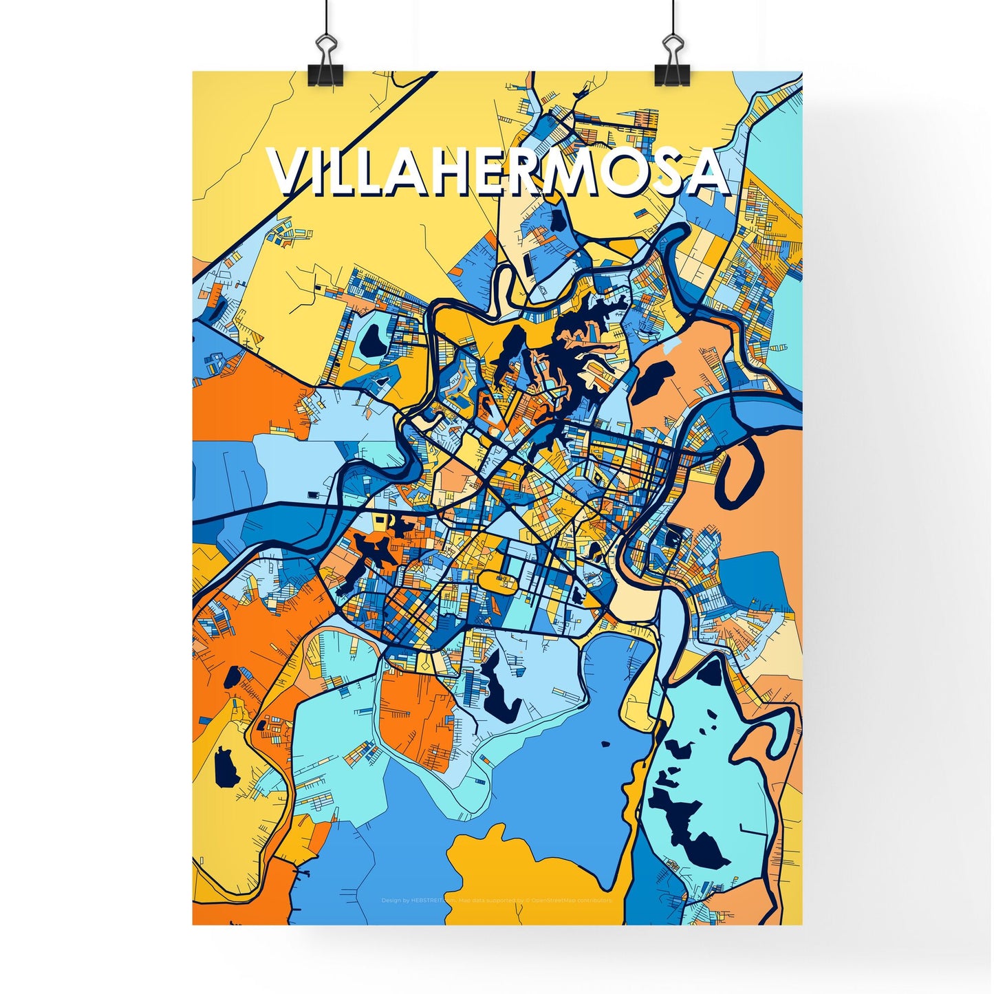 VILLAHERMOSA MEXICO Vibrant Colorful Art Map Poster Blue Orange