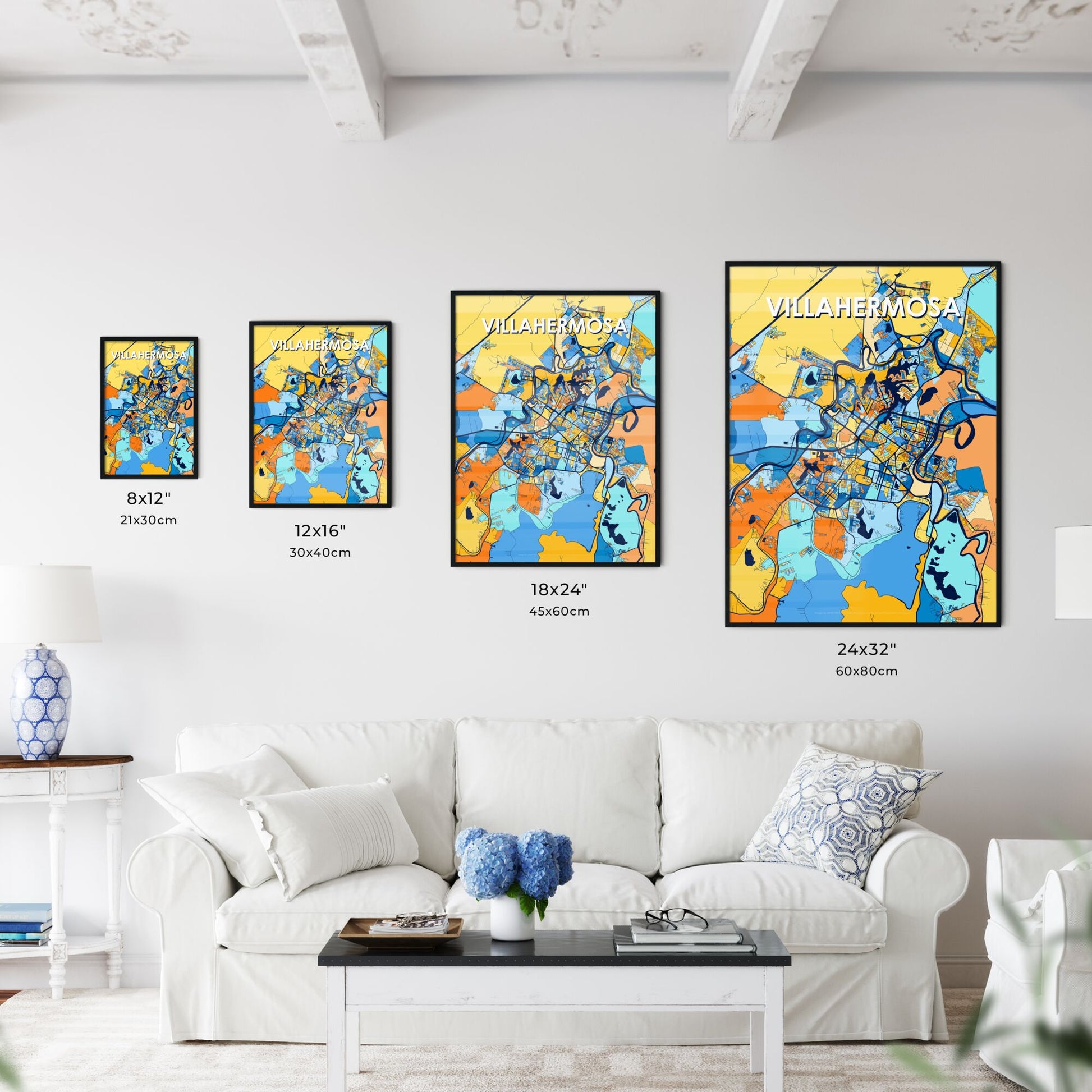 VILLAHERMOSA MEXICO Vibrant Colorful Art Map Poster Blue Orange