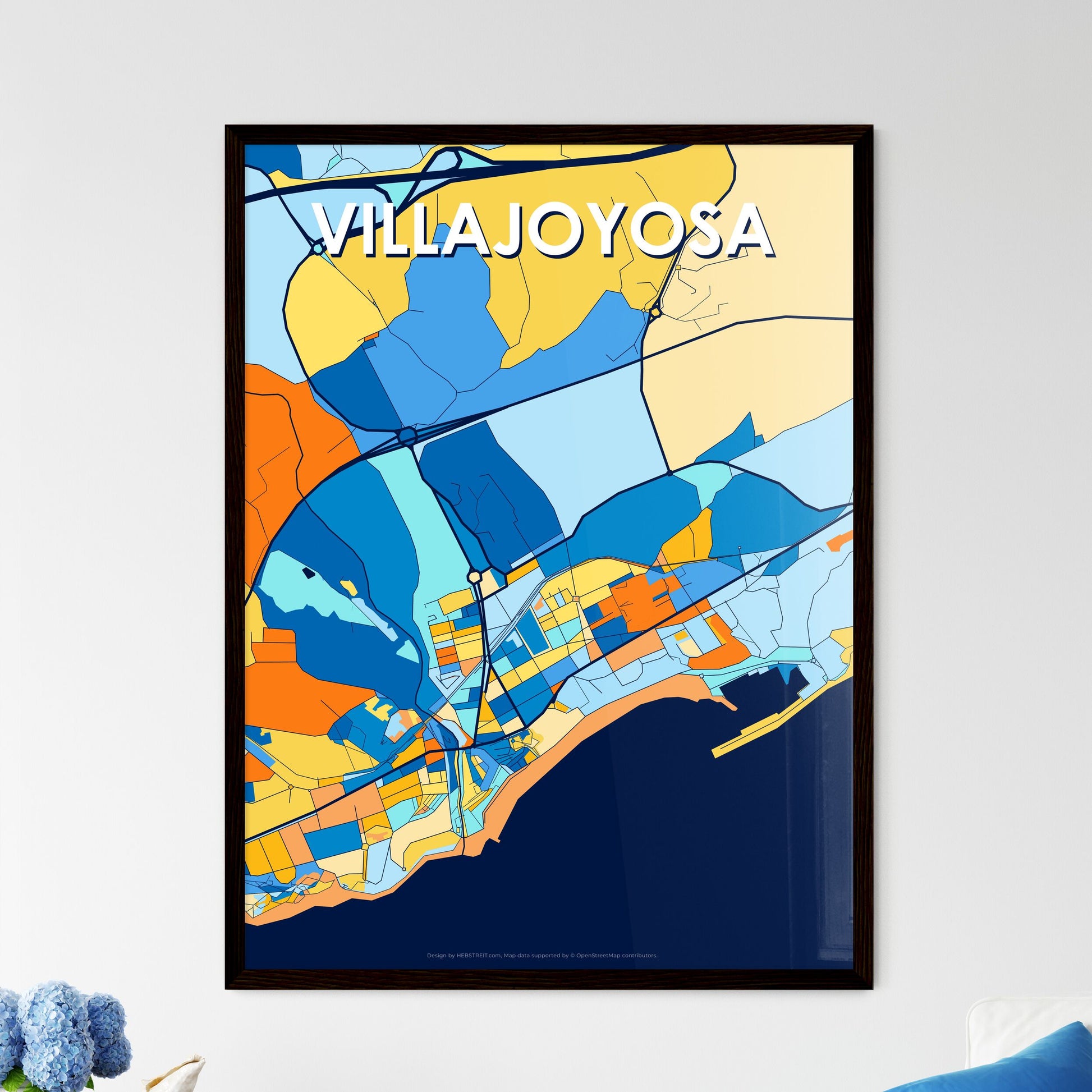 VILLAJOYOSA SPAIN Vibrant Colorful Art Map Poster Blue Orange