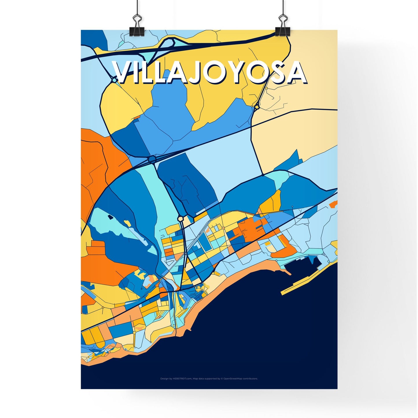 VILLAJOYOSA SPAIN Vibrant Colorful Art Map Poster Blue Orange