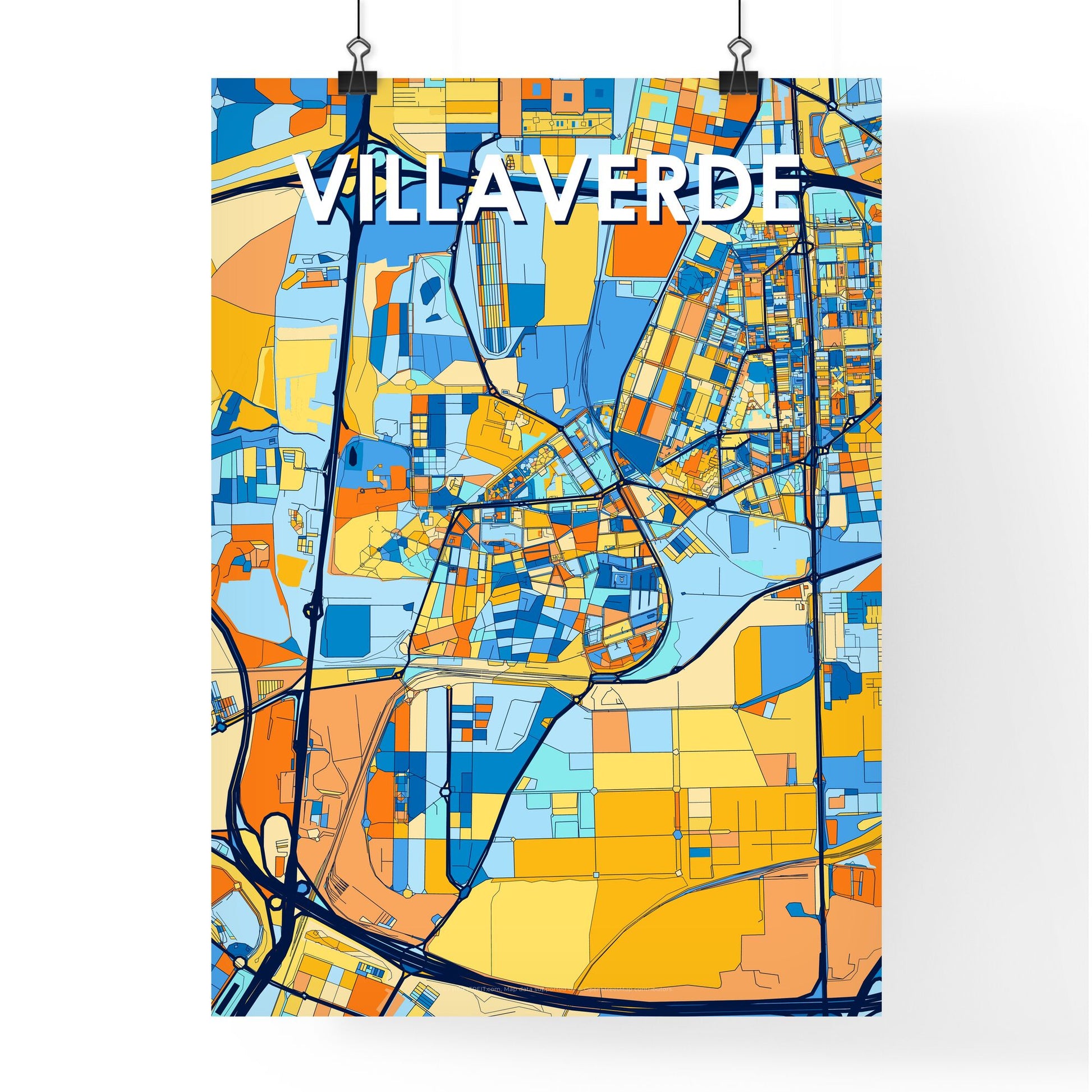 VILLAVERDE SPAIN Vibrant Colorful Art Map Poster Blue Orange