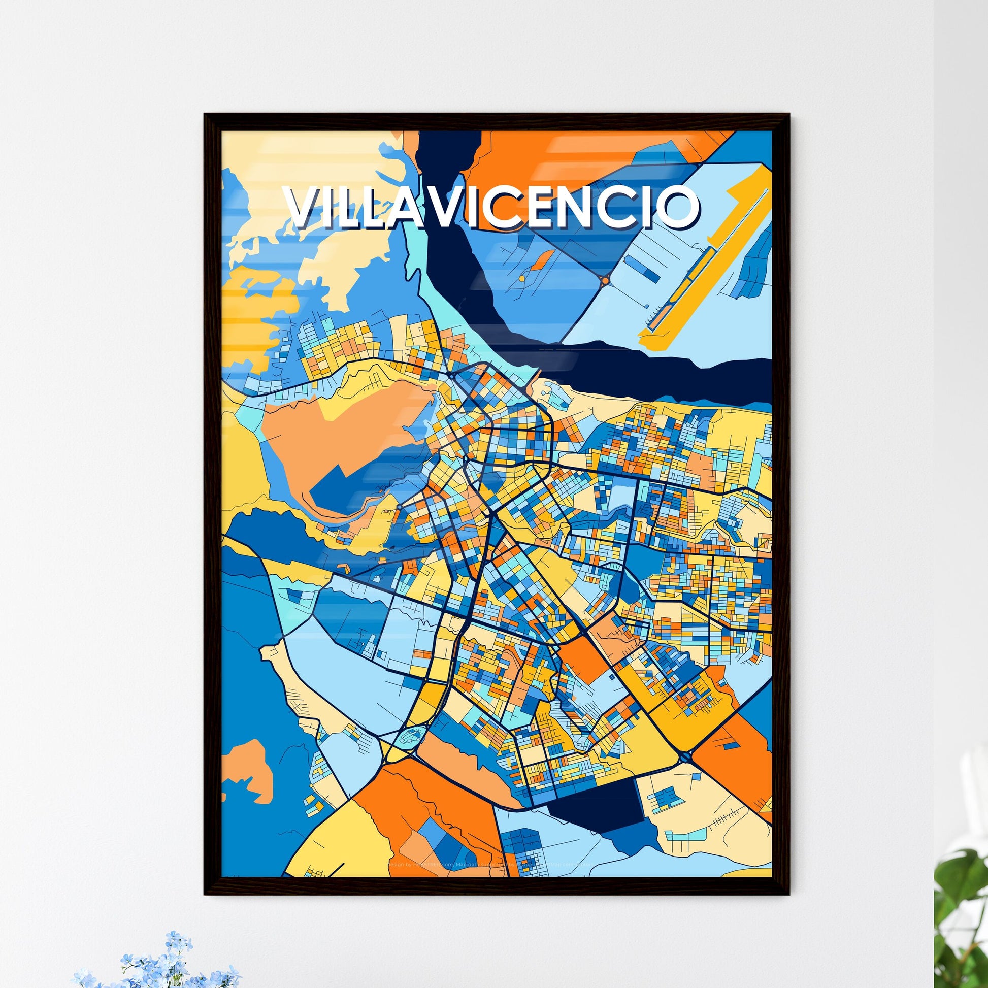 VILLAVICENCIO COLOMBIA Vibrant Colorful Art Map Poster Blue Orange